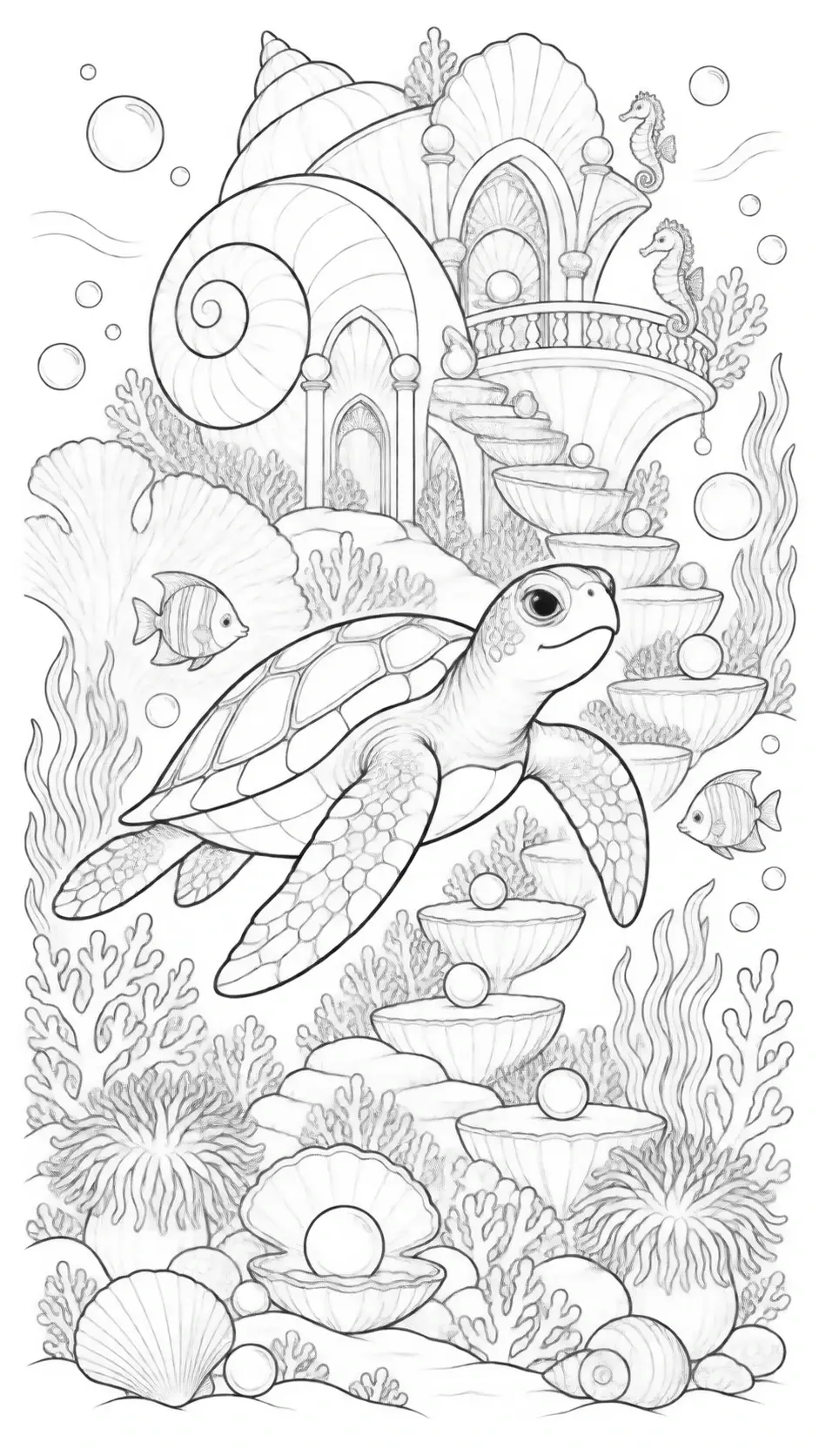 A sea turtle swims through a black-and-white coloring page with seashell buildings, pearls, fish, and coral.