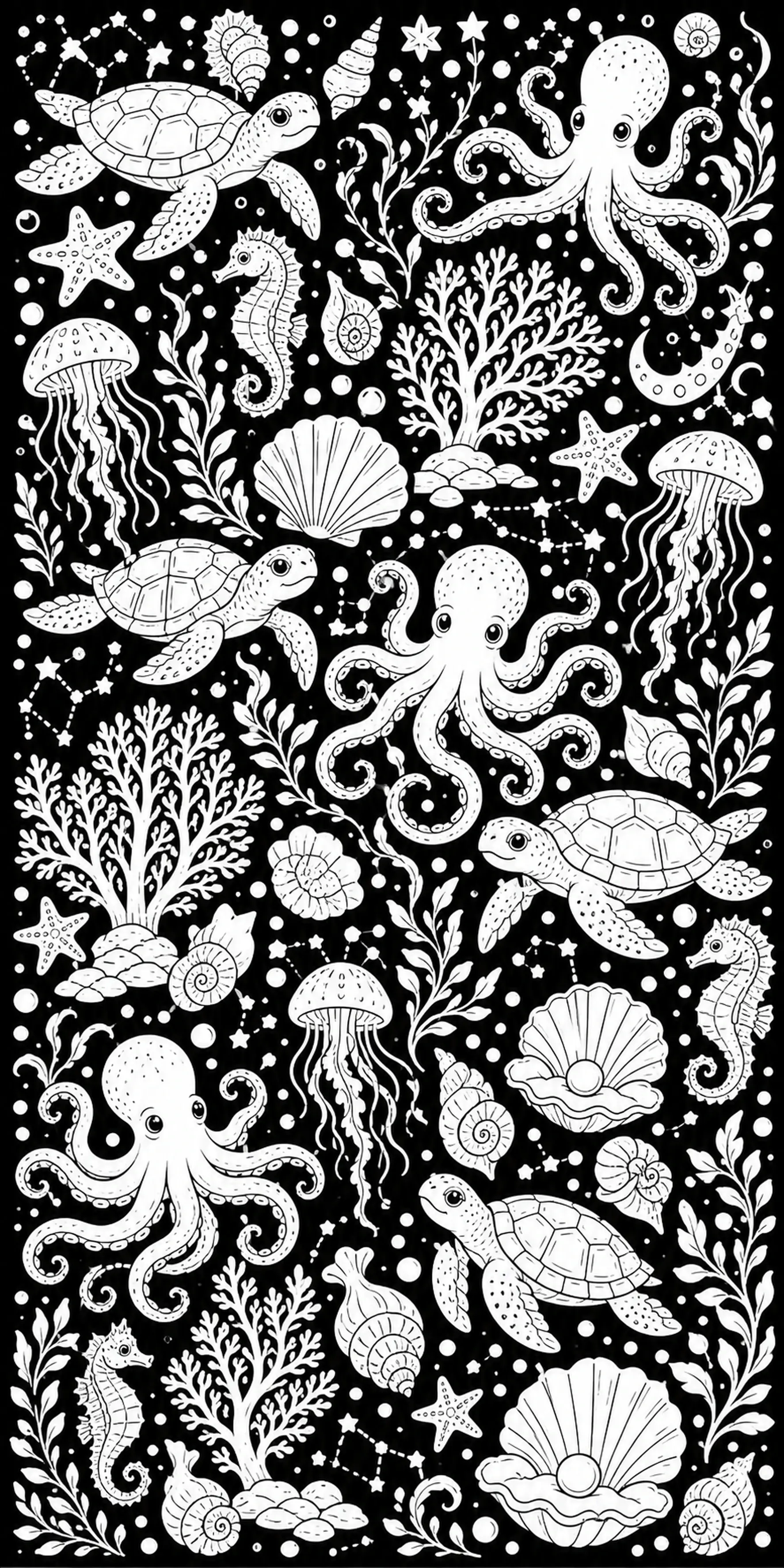 A black-and-white coloring page shows sea turtles, octopuses, seahorses, jellyfish, shells, coral, and starfish in a repeating underwater pattern.