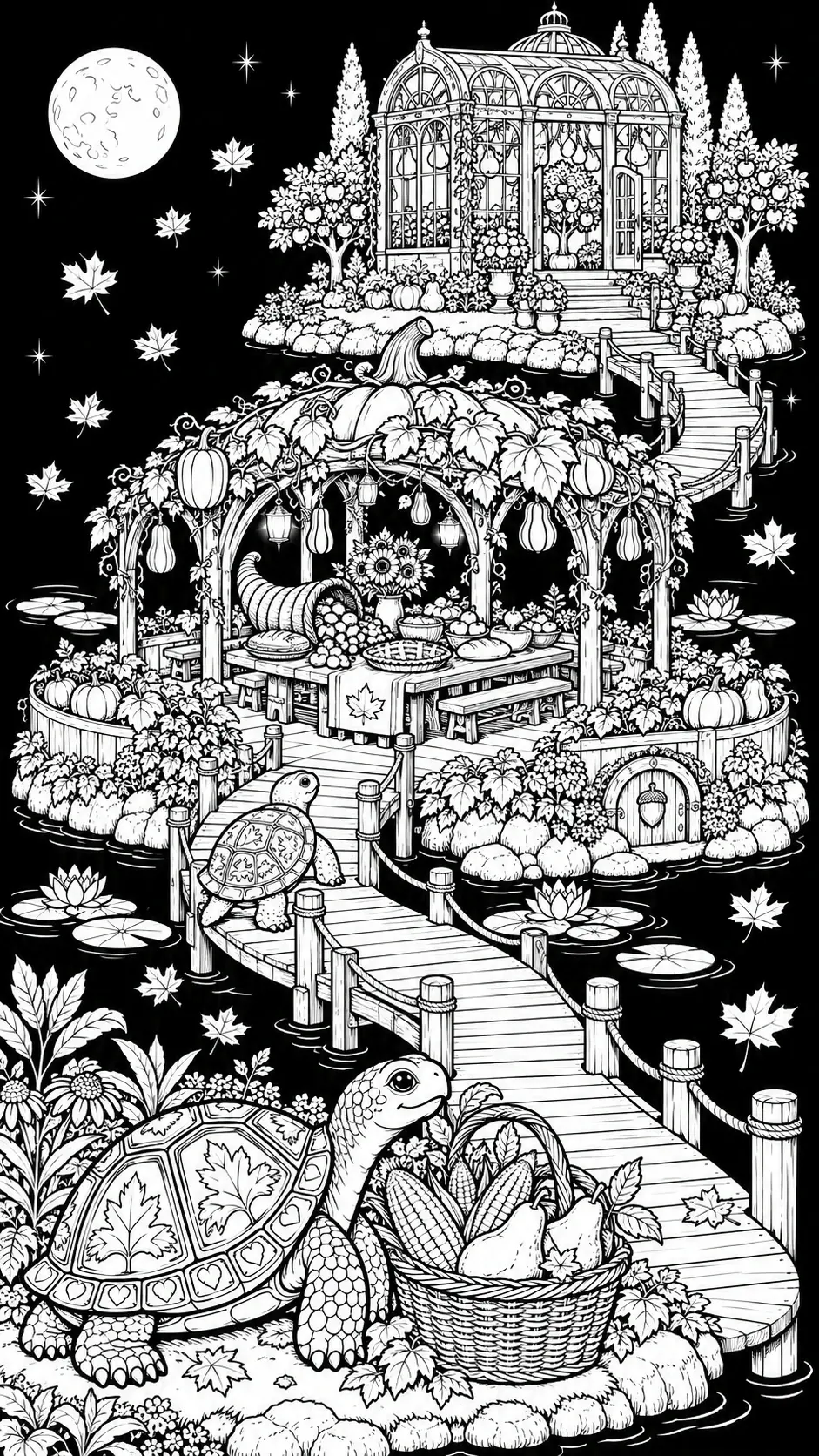 Two tortoises appear in this detailed coloring page among wooden bridges, a harvest basket, pumpkins, a glasshouse, and falling leaves beneath a full moon.