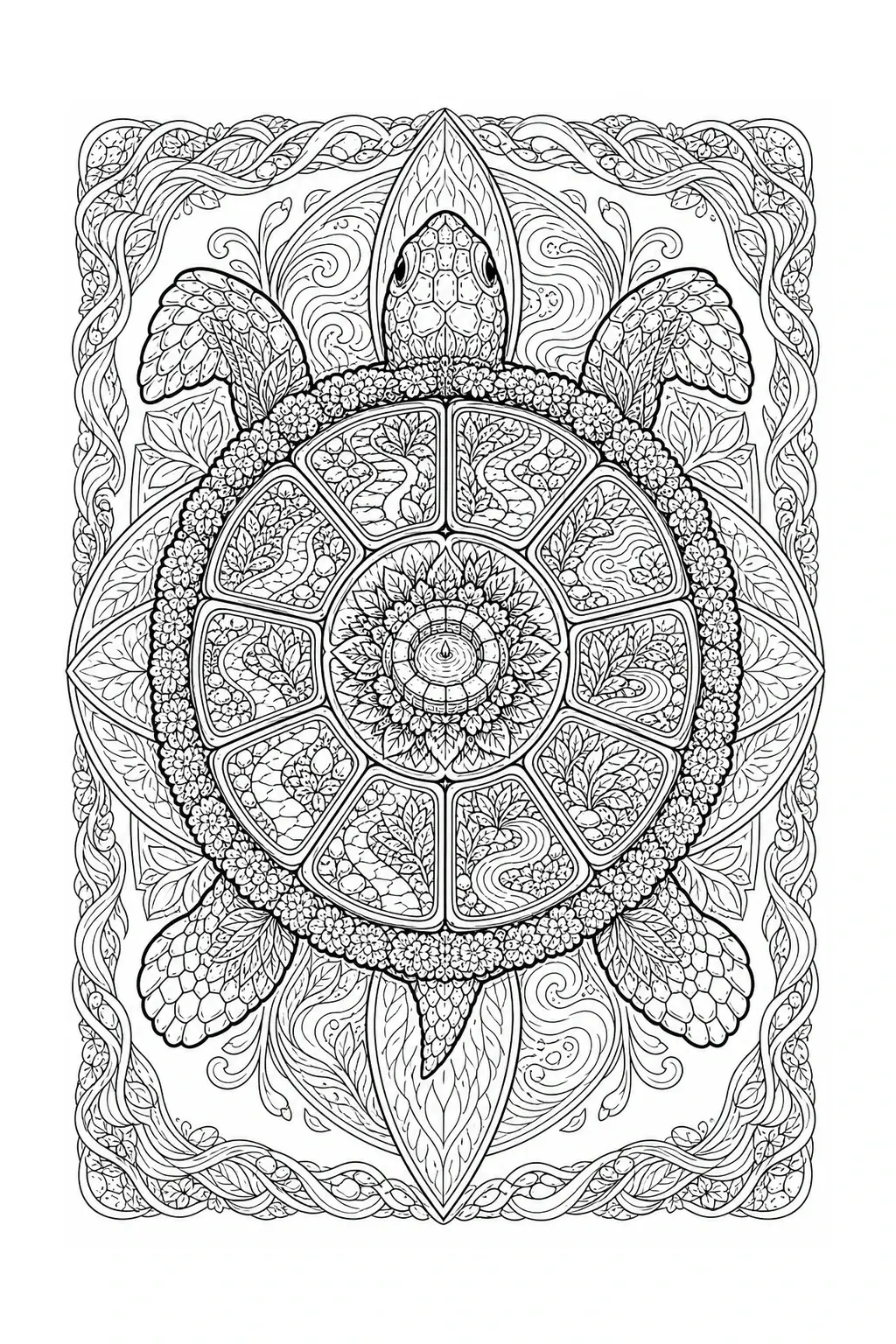 Intricate black-and-white turtle mandala with floral and nature details, designed as a detailed coloring page.