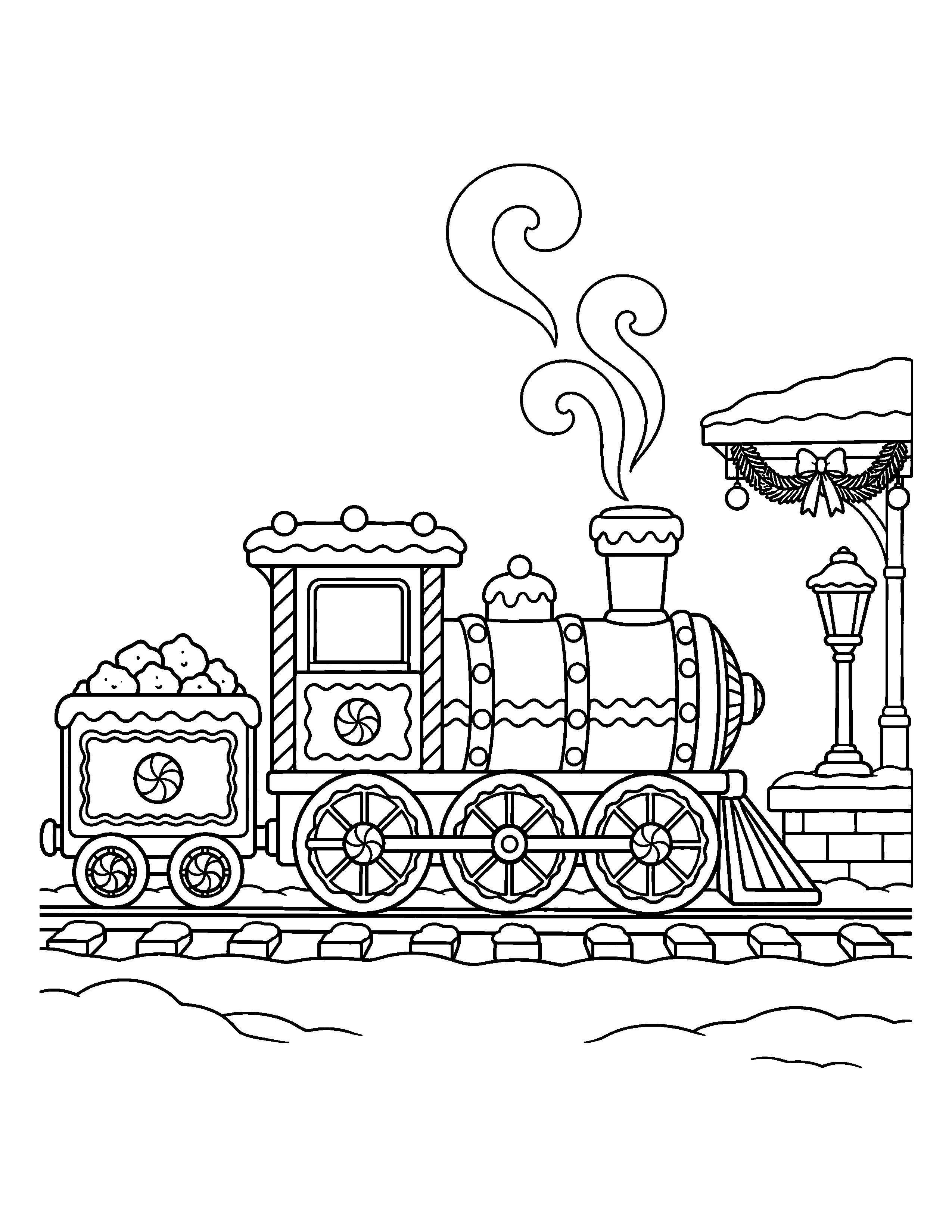 A black-and-white coloring page shows a candy-decorated steam train on snowy tracks beside a garland-trimmed station, with curling smoke overhead.