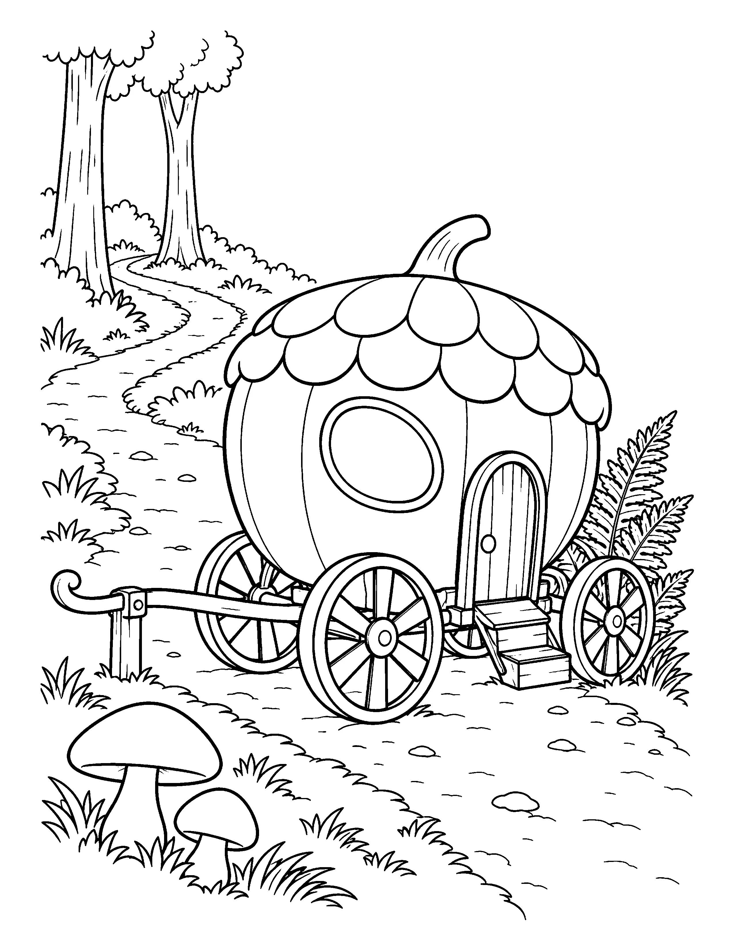 A rounded covered wagon with a scalloped roof, wheels, steps, and hitch stands beside a winding woodland path with trees, ferns, and two mushrooms in this coloring page.