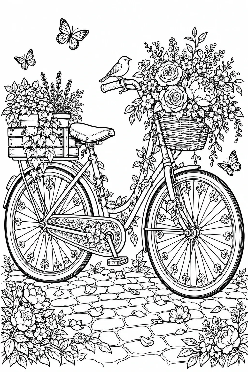 A detailed coloring page shows one flower-adorned bicycle with flower baskets, a bird perched on the handlebars, butterflies, and a cobblestone path.