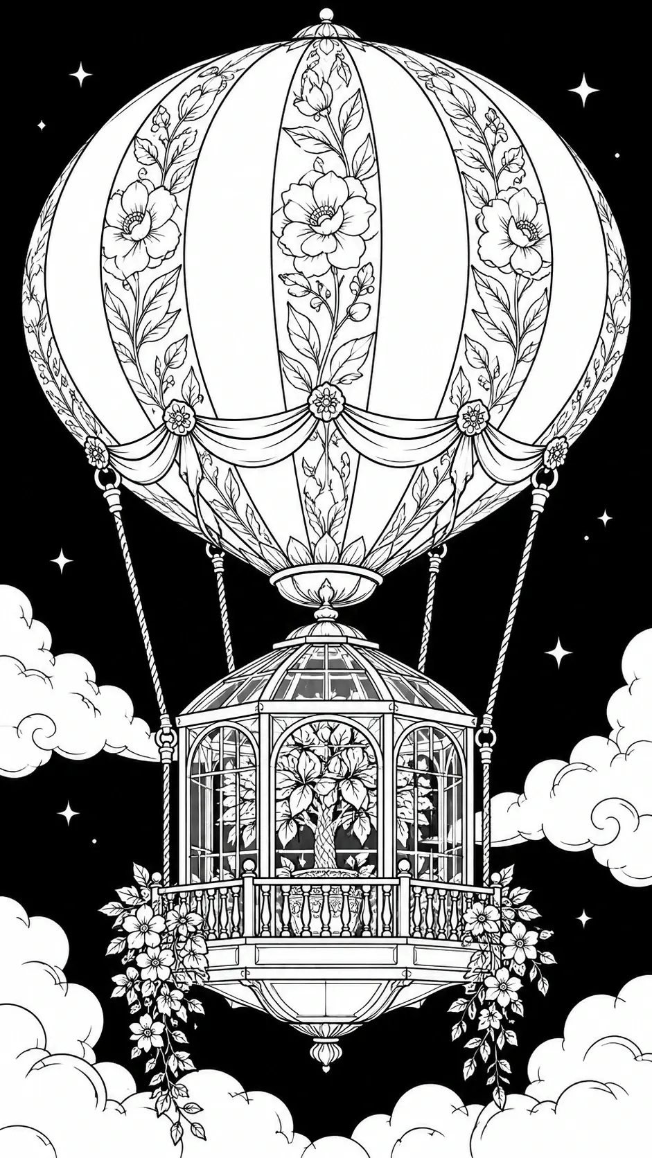An ornate hot air balloon with floral panels carries a glasshouse gondola among clouds and stars in this coloring page.