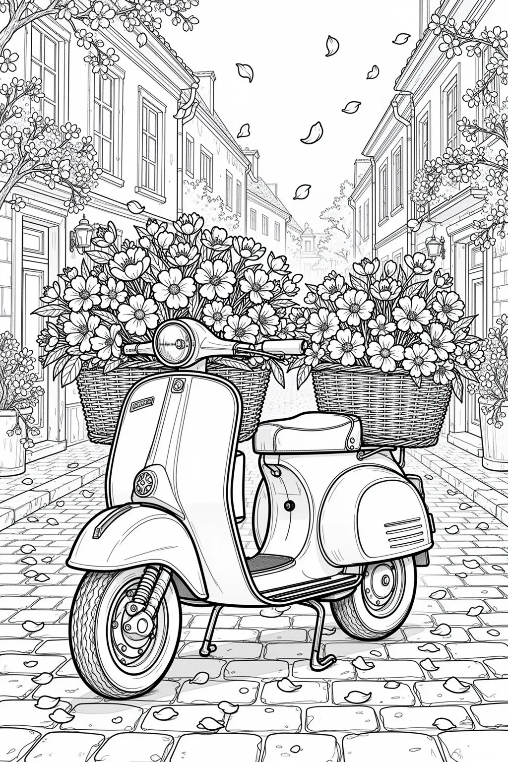 Vintage spring scooter covered in flowers coloring page.