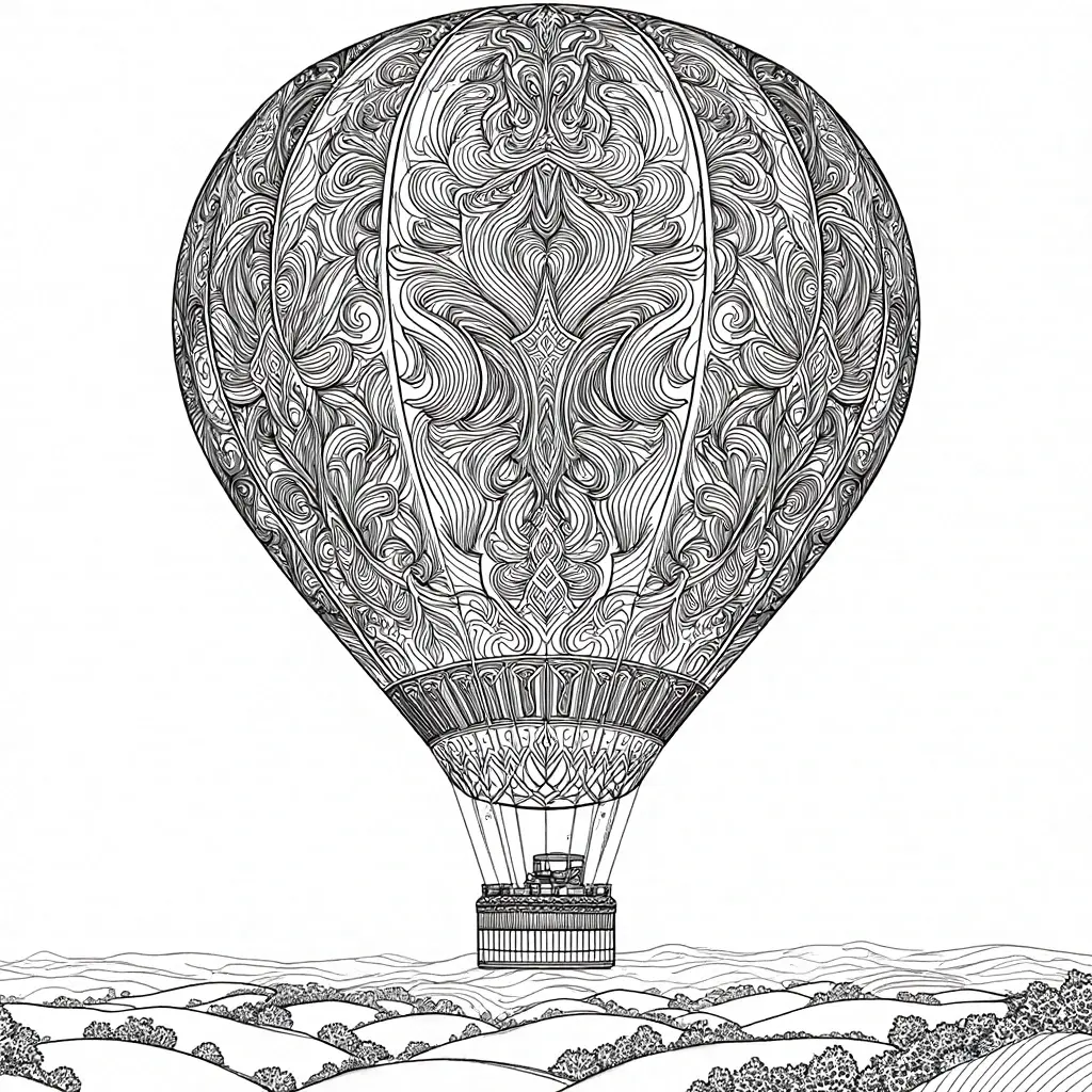 Intricate mandala-style hot air balloon line drawing floating above rolling hills; ideal for detailed coloring page, kids' coloring page, printable coloring page collections, and single-page coloring
