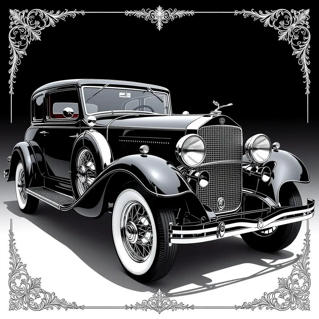 Black-and-white vintage classic car line art for coloring a detailed coloring page perfect for a printable coloring page, kids' coloring page, detailed coloring page and coloring sheets.