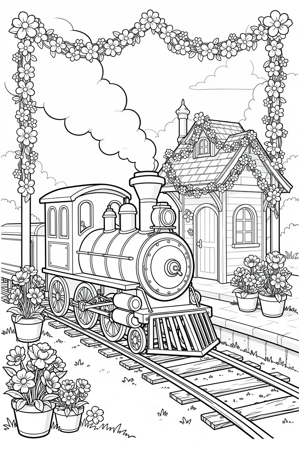 Black-and-white coloring page of floral train coloring page.