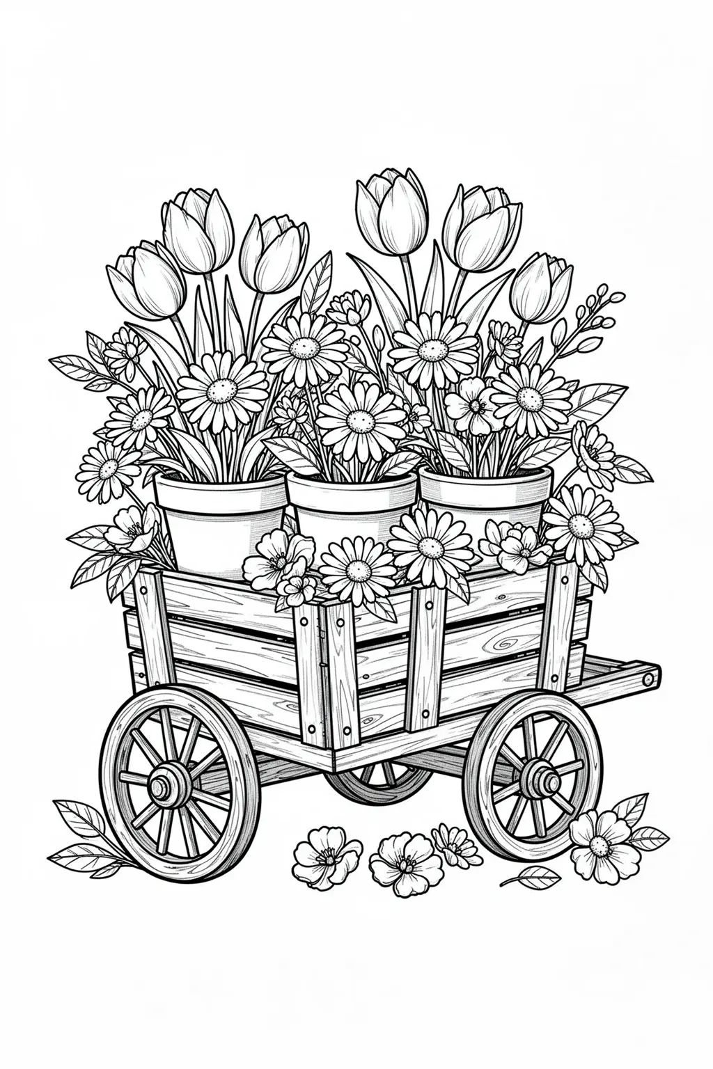 Black-and-white coloring page of a small garden wagon loaded with flowers.