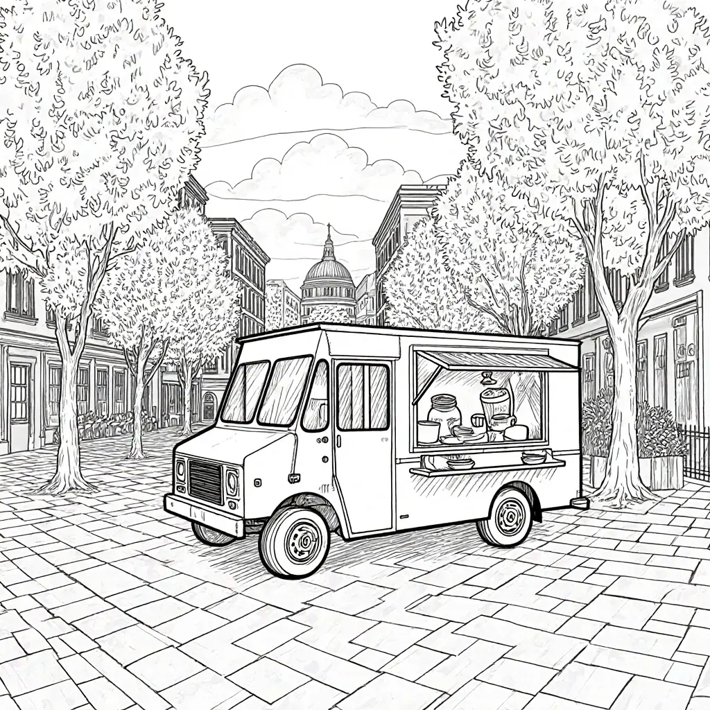 Black-and-white city food truck coloring sheet with trees, cobblestone plaza and cathedral dome in background detailed coloring page, kids' coloring page, printable coloring page and coloring sheets.