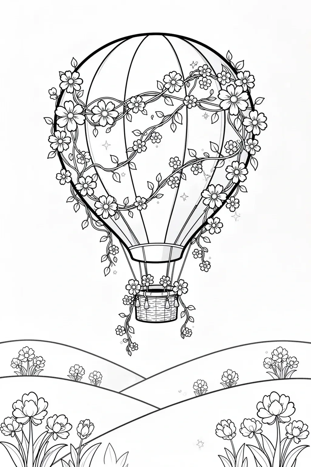 Black-and-white coloring page of floral hot air balloon coloring page.