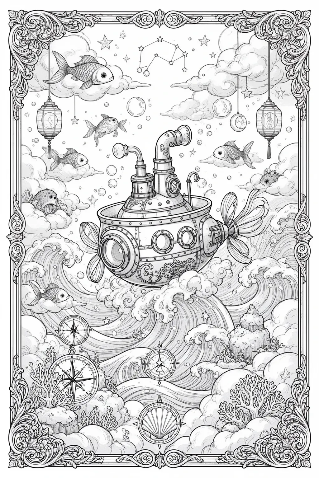 Moonlit Cloud Submarine coloring page.