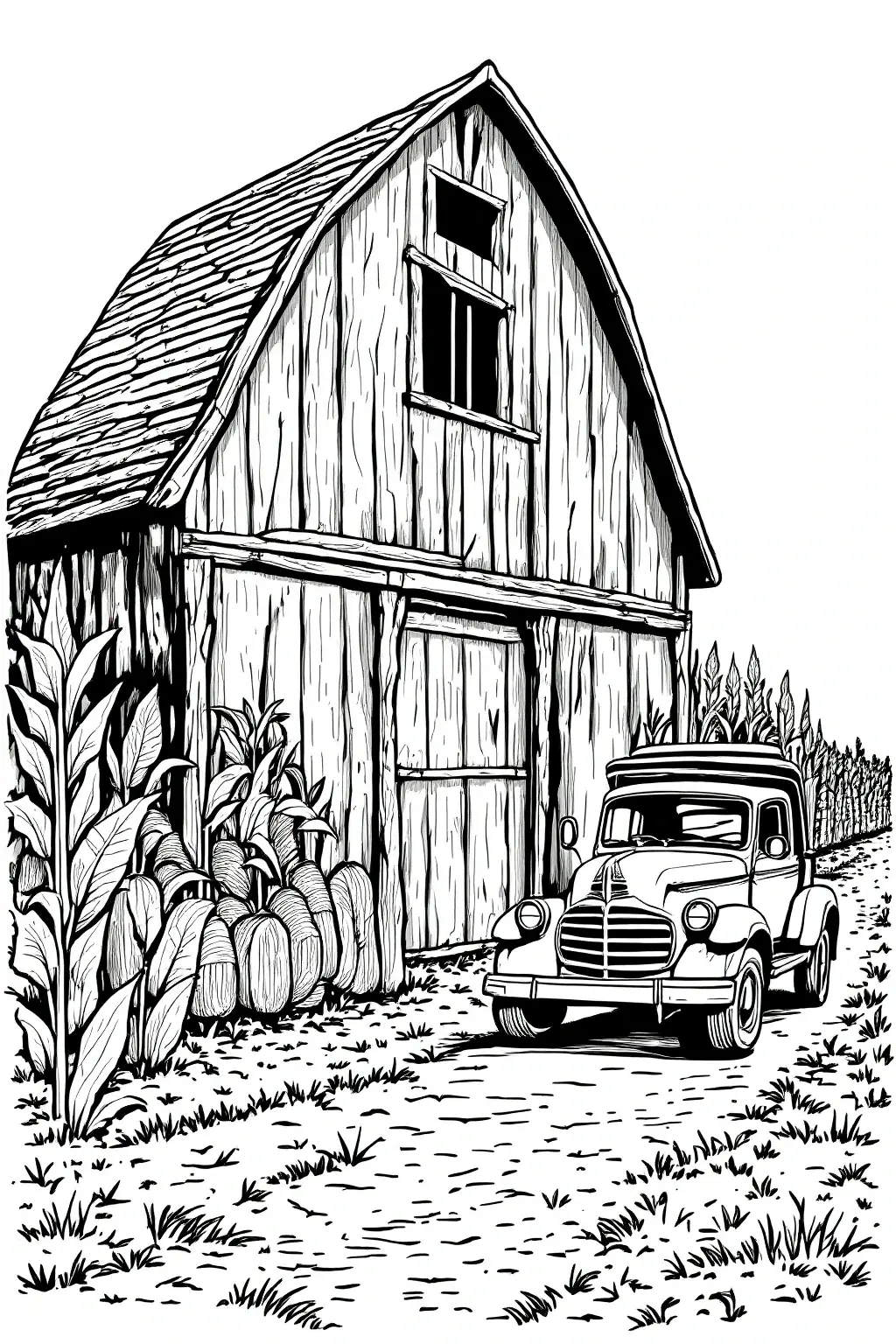 Black-and-white barn and vintage truck coloring page showing pumpkins and corn stalks detailed coloring page for kids' coloring page, printable coloring page and coloring sheets in a fall harvest