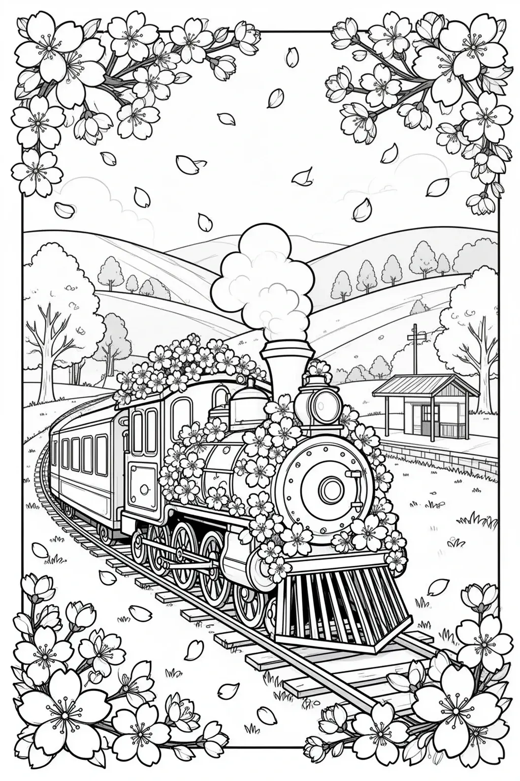 Spring Blossom Train coloring page.