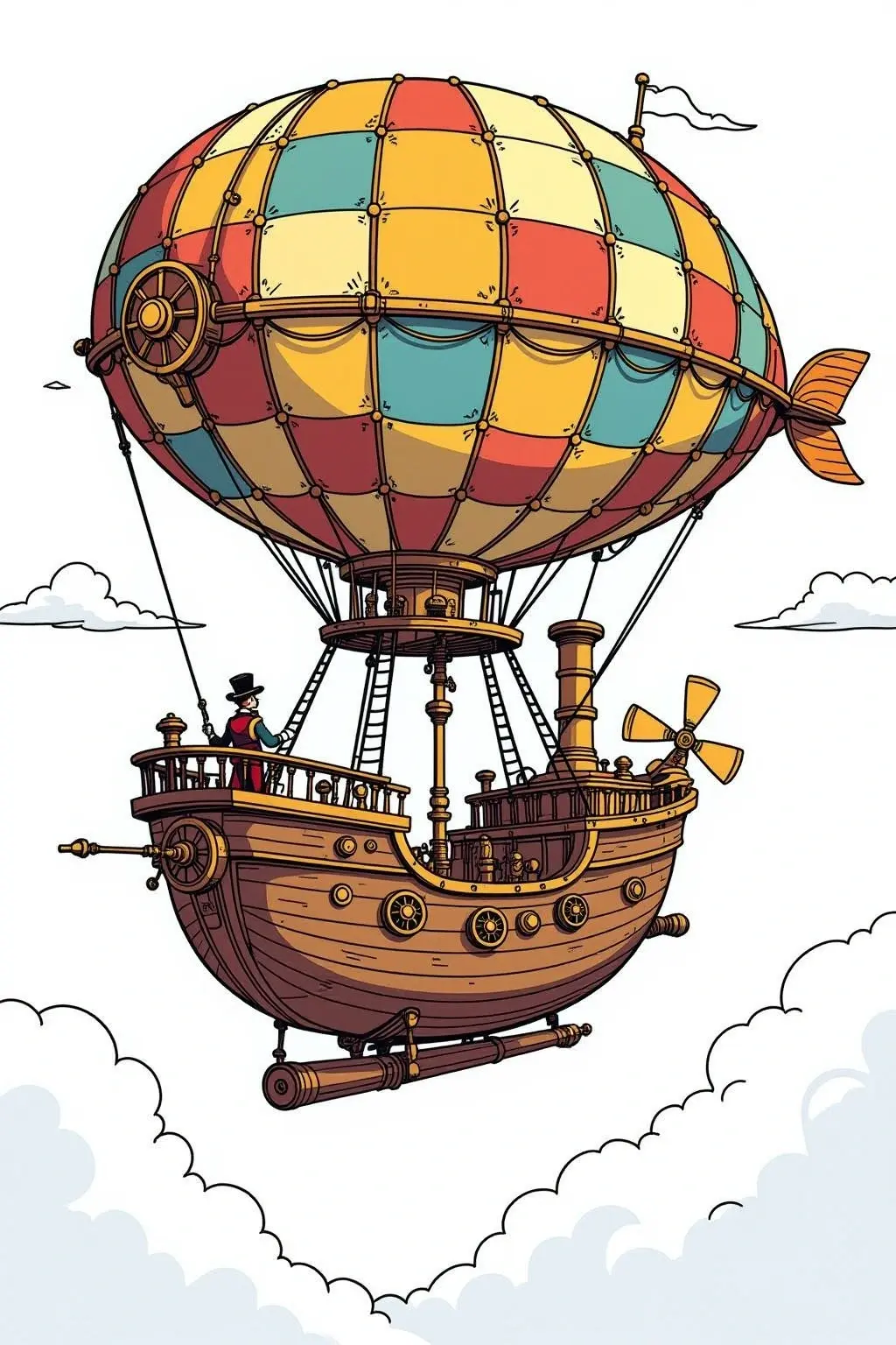Detailed steampunk airship line art for a printable coloring sheet showing a hot-air-balloon style ship with a person on deck ideal for detailed coloring page, kids' coloring page, printable coloring