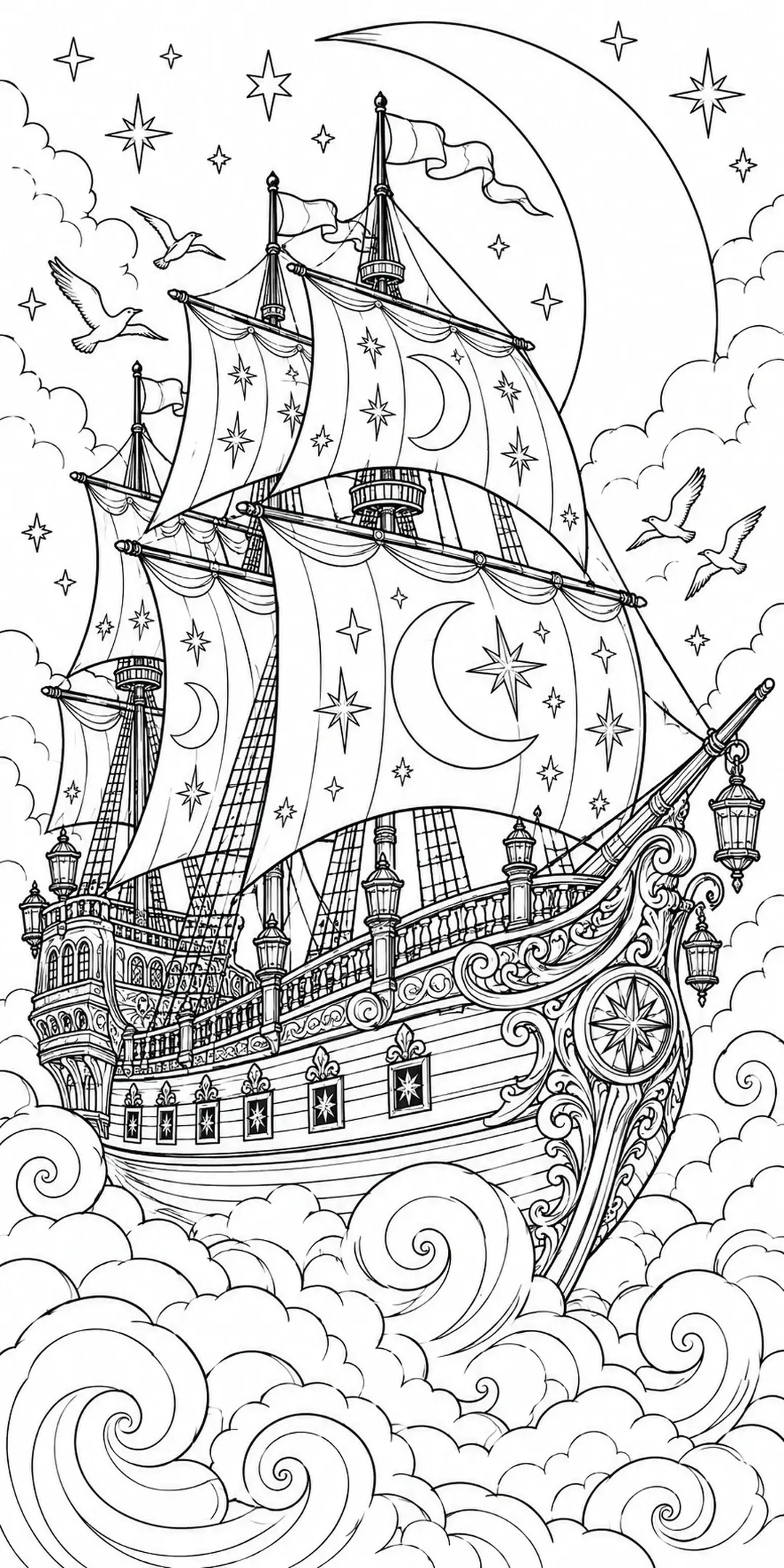 This detailed coloring page shows an ornate sailing ship with moon-and-star sails floating among swirling clouds beneath a crescent moon.