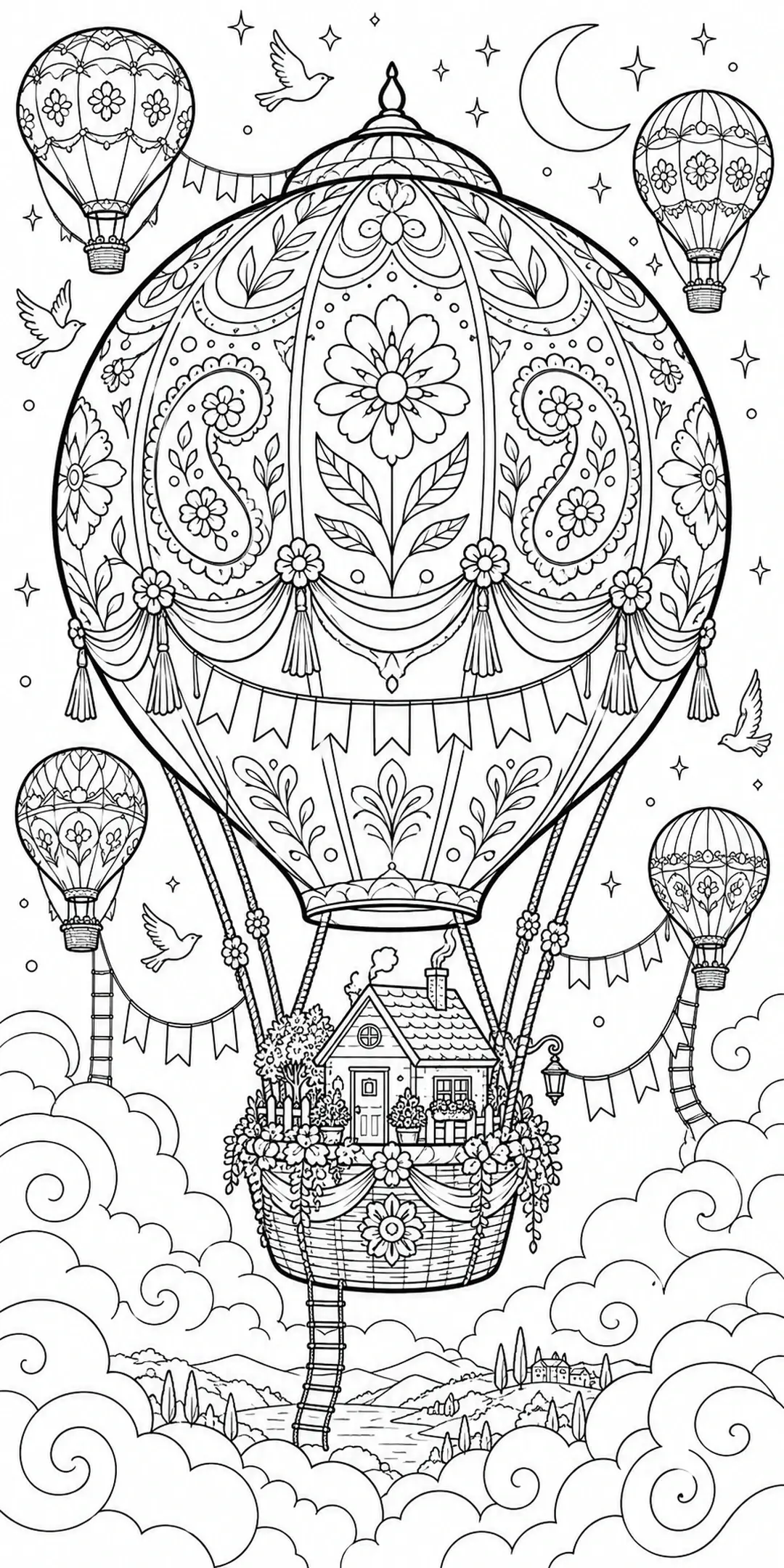 This coloring page shows several ornate hot air balloons, including a large flower-patterned balloon carrying a cottage above clouds and a lake.