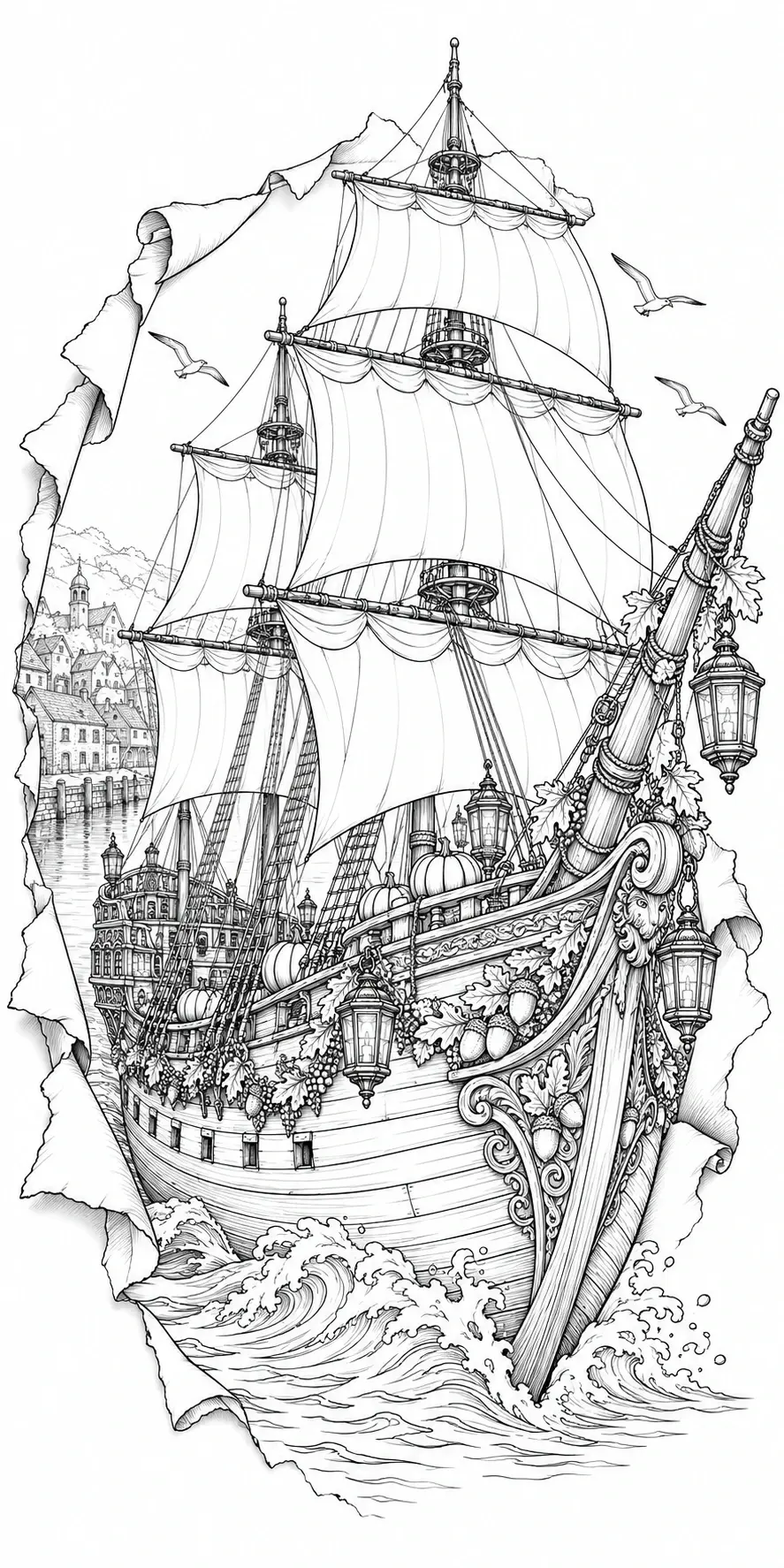 An ornate sailing ship with full sails, waves, pumpkins, lanterns, and a harbor scene appears as a coloring page in black-and-white.