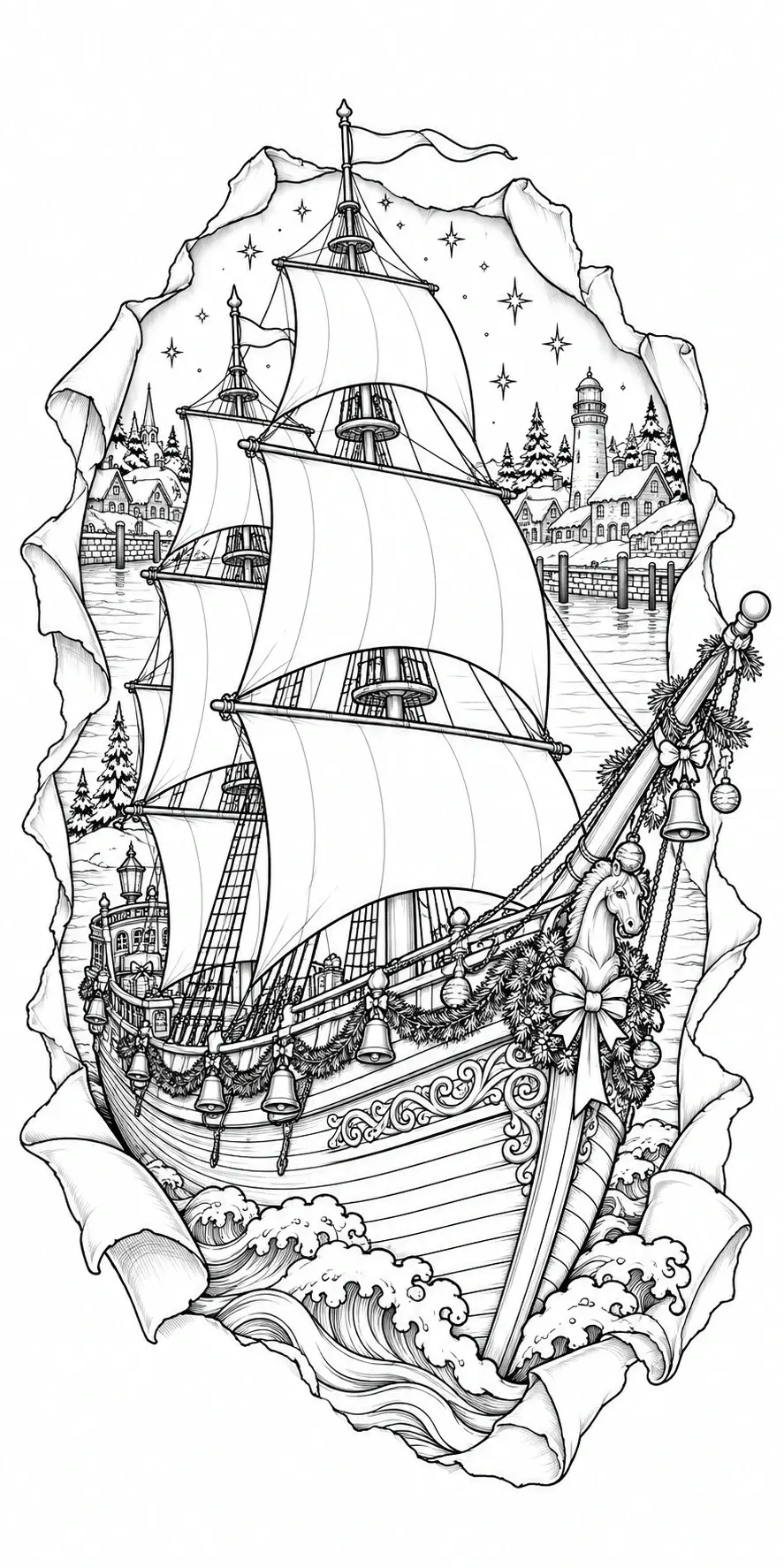 A detailed sailing ship coloring page with tall sails, ocean waves, a lighthouse, and holiday garland.