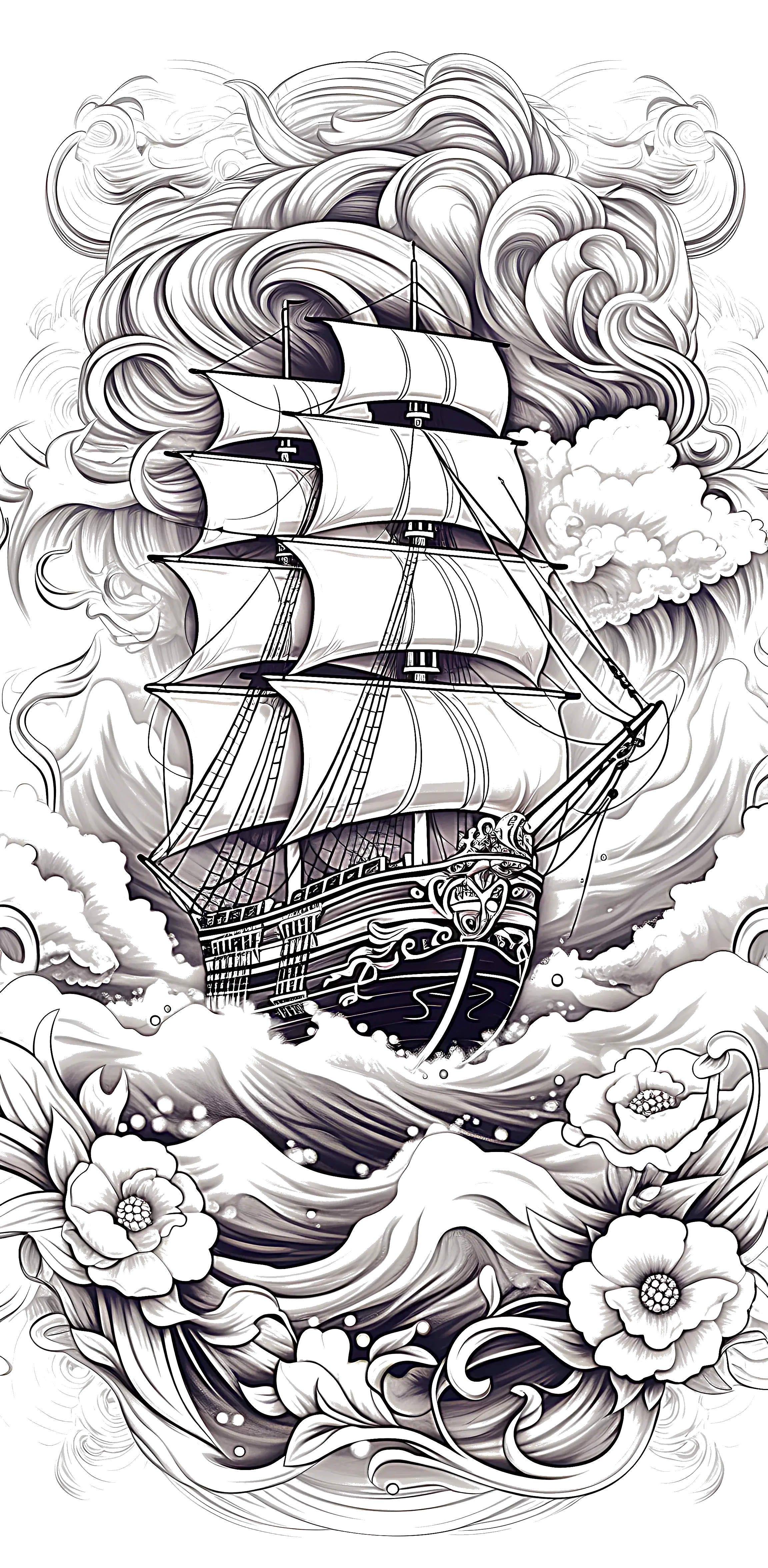 Detailed coloring page of a sailing ship with large sails surrounded by swirling waves and flowers.