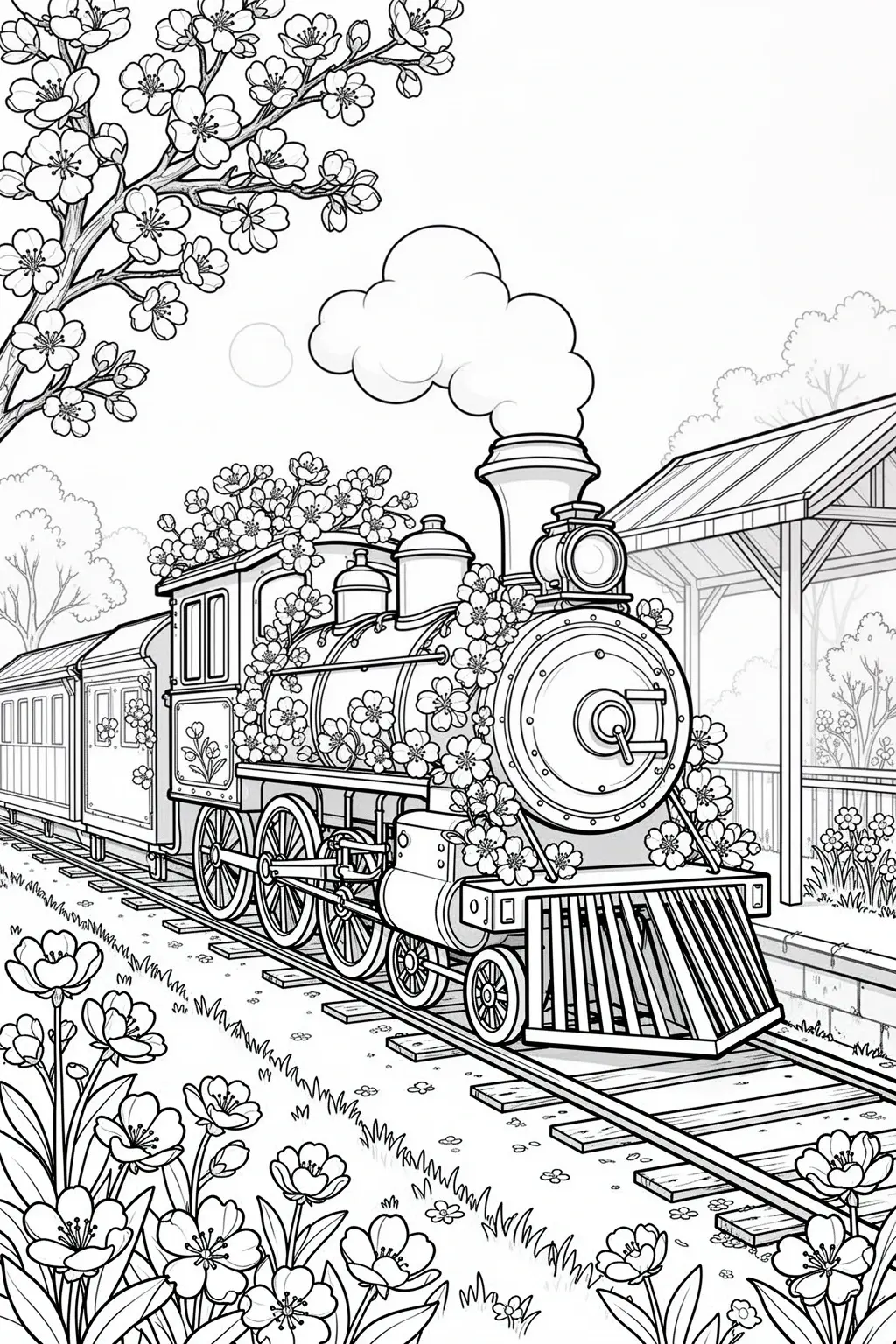 Spring blossom train coloring page in a garden with floral details.