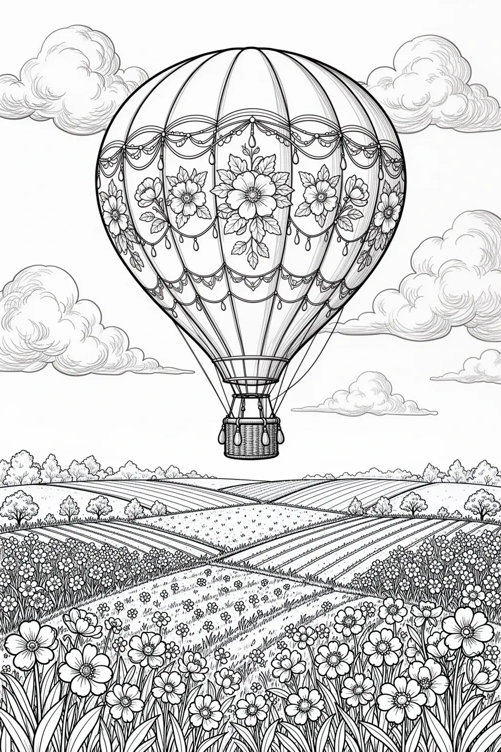Free Spring Hot Air Balloon coloring page PDF.