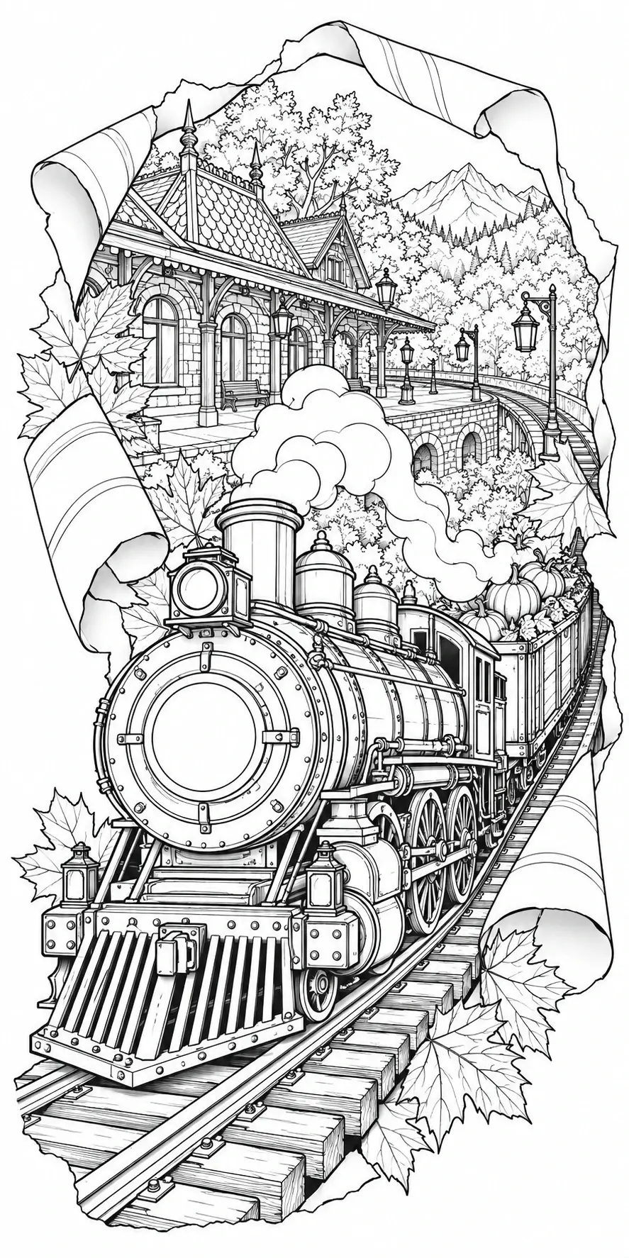 A detailed black-and-white coloring page of a steam locomotive on tracks with autumn leaves, a station, and mountains in the background.