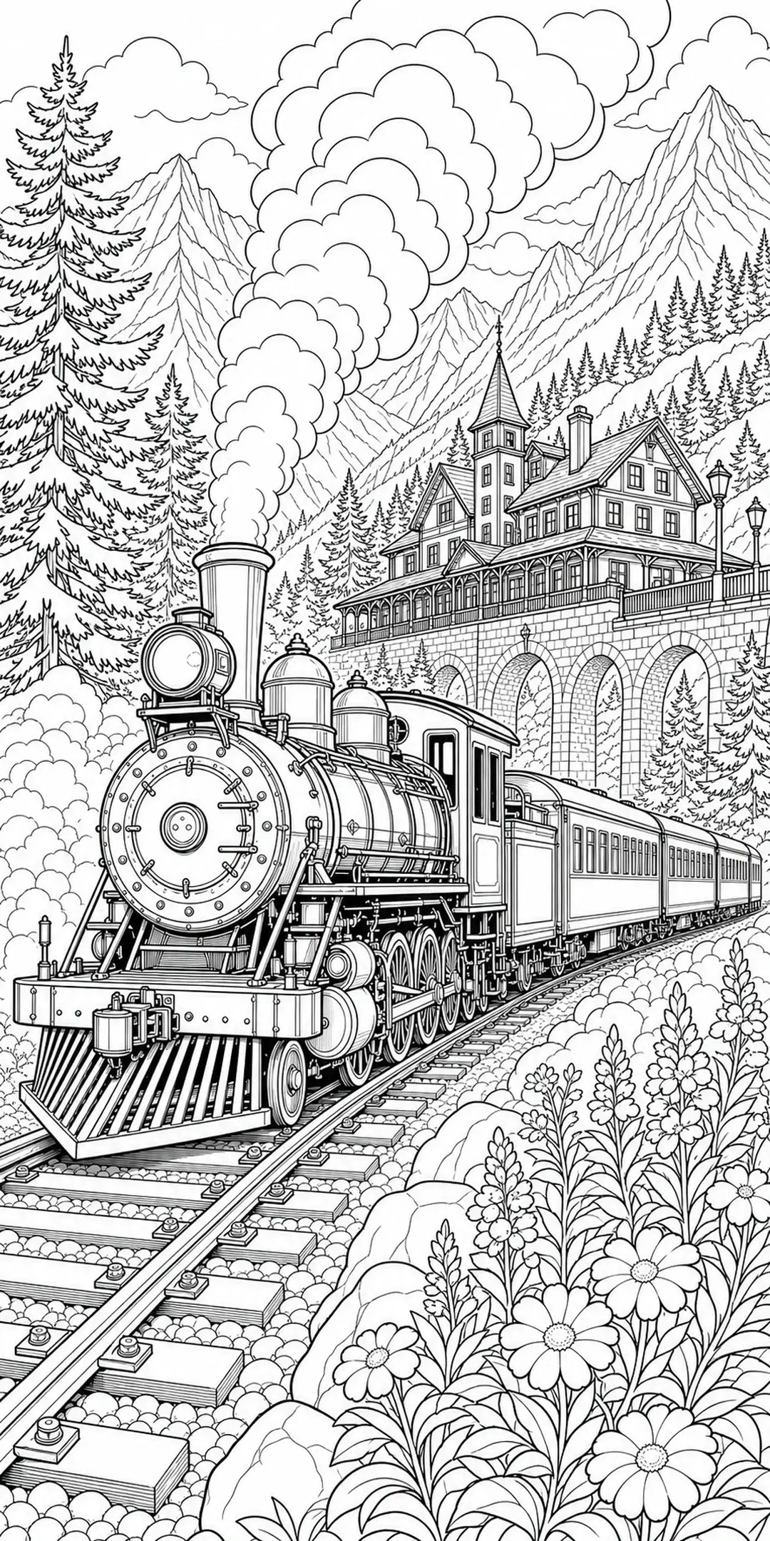 A steam train coloring page shows a locomotive crossing tracks through a mountain forest with a large house on the hillside.