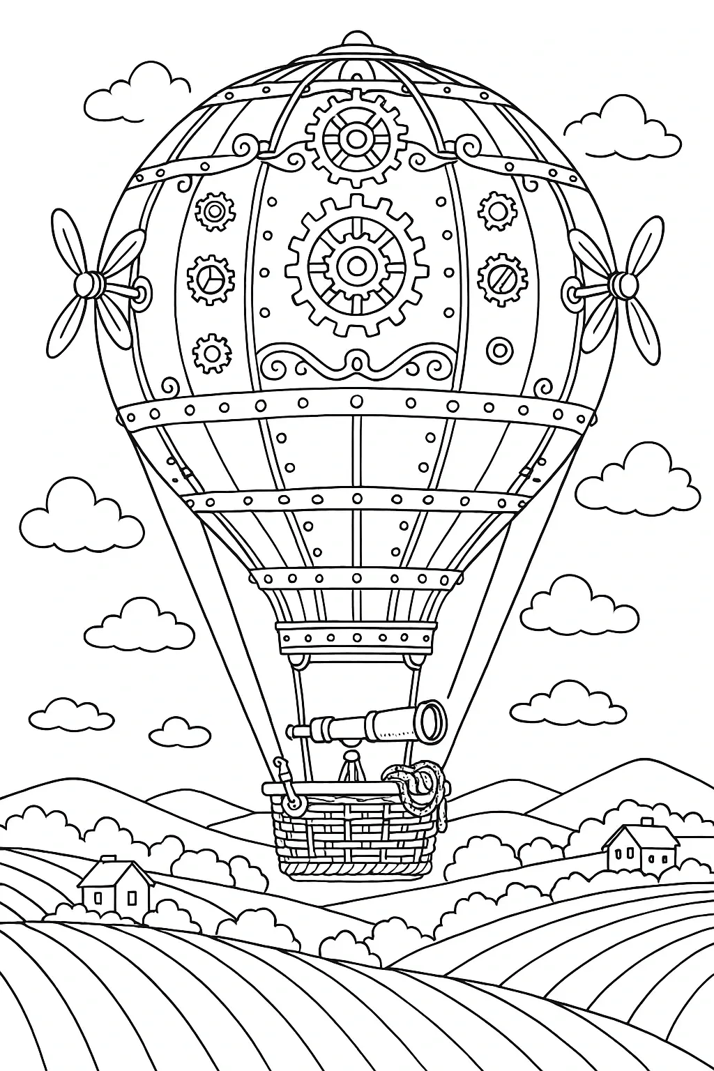 Black and white coloring page of steampunk hot air balloon with gears, propellers, and a basket floating above rolling hills and clouds