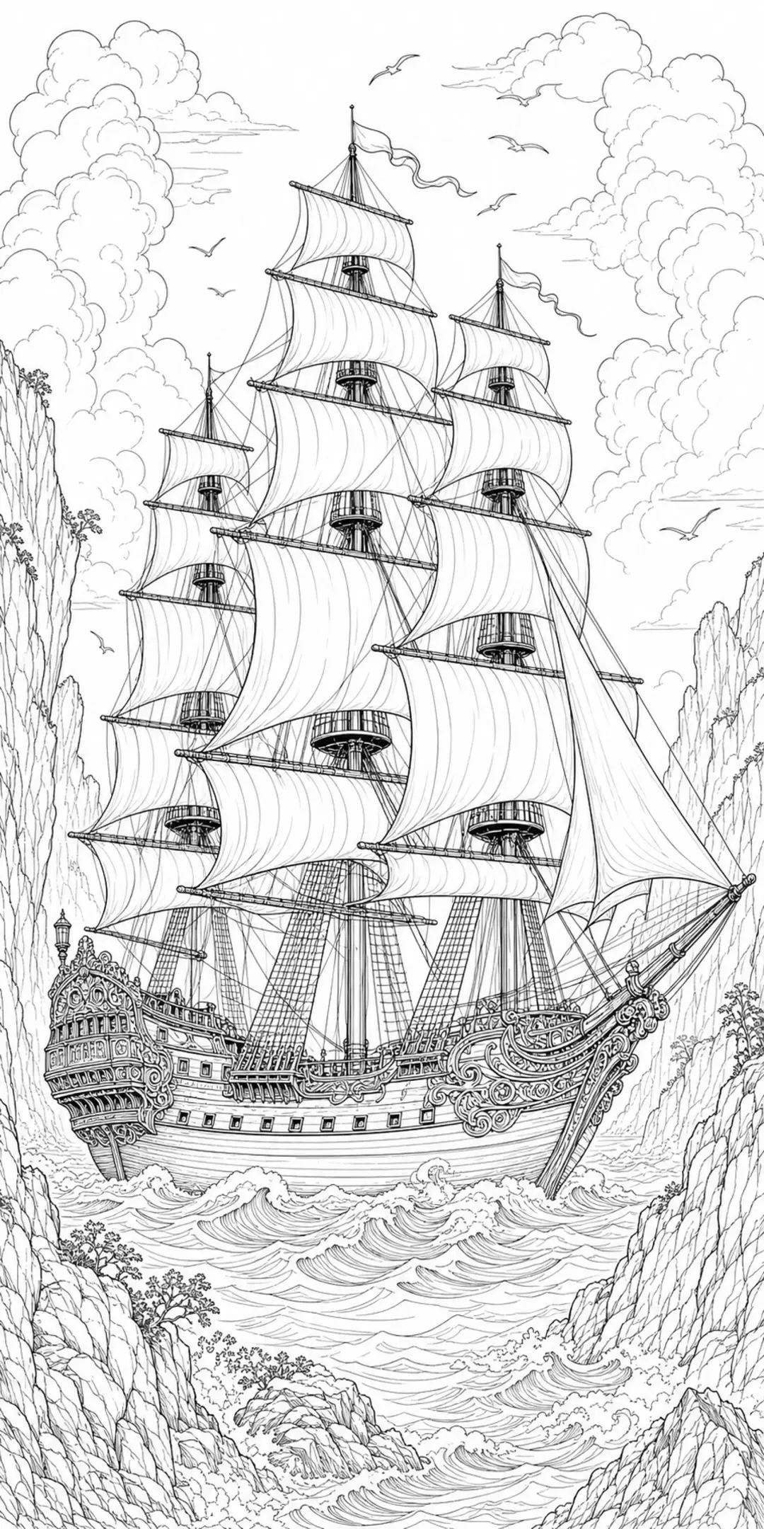 A detailed black-and-white coloring page of a tall sailing ship with large sails between rocky cliffs and clouds.