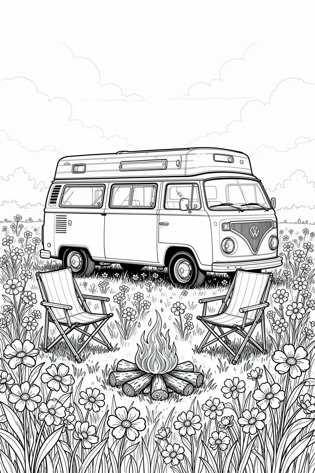 Free Vintage Spring Camper Van coloring page.