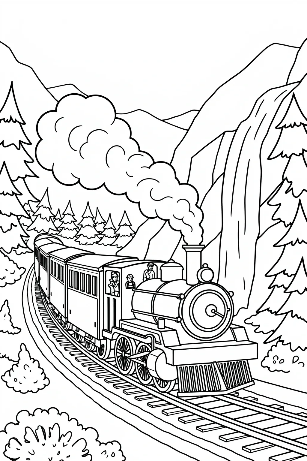 Black and white coloring page of vintage steam train traveling along tracks through a mountain forest with a waterfall and pine trees