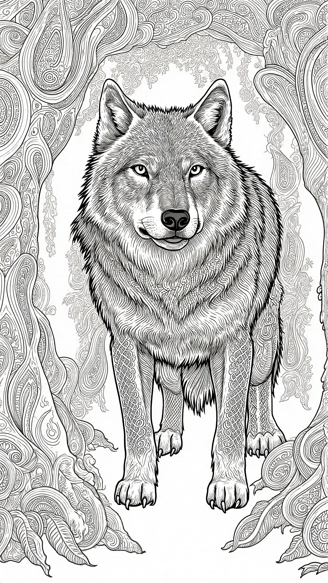 Intricate wolf in a mandala style forest, black and white line art animal scene for detailed coloring page; great for adult coloring page and kids' coloring page in a printable coloring page; high
