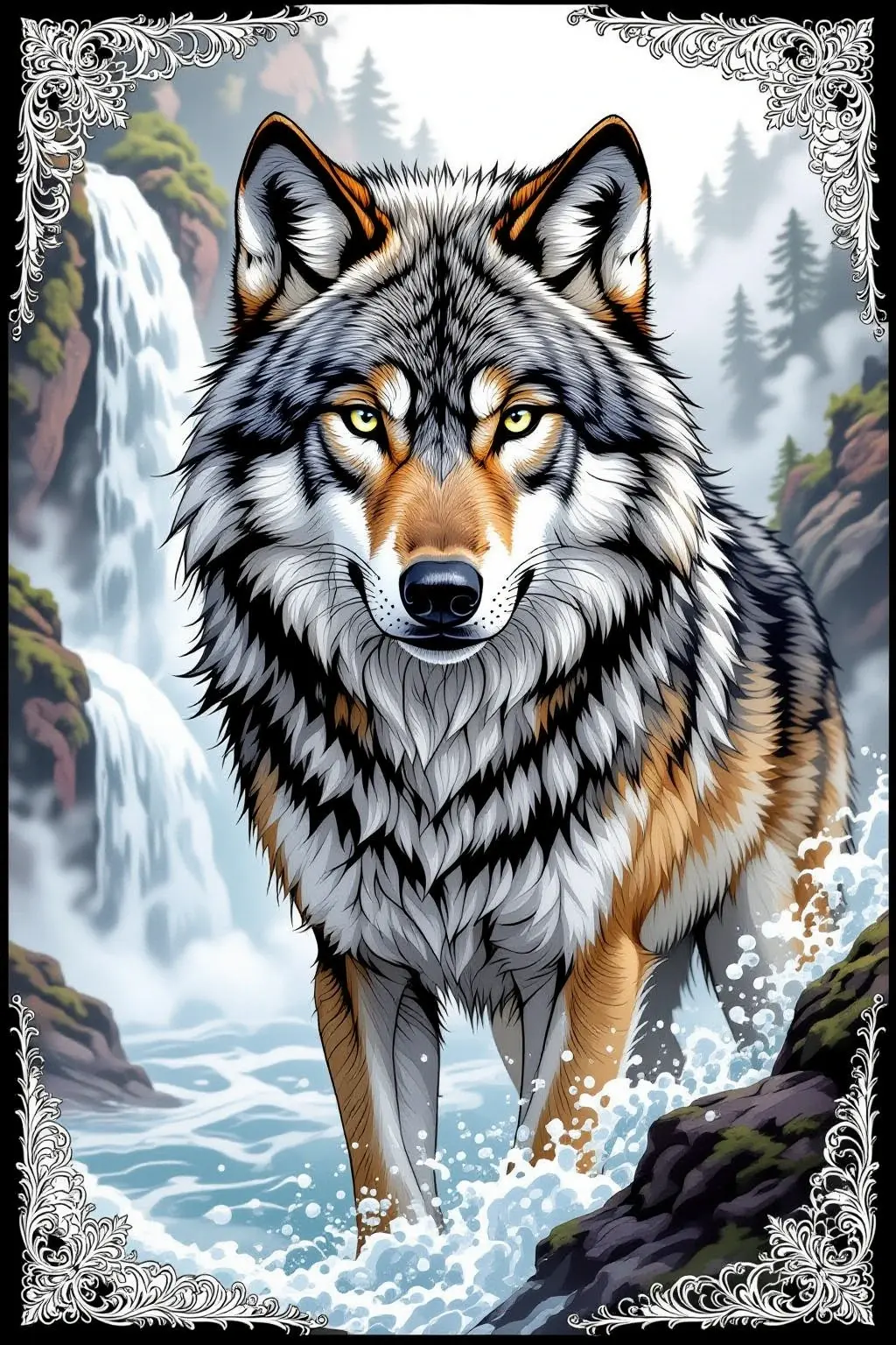 Majestic wolf standing in a rushing river with waterfalls and pine trees; printable animal coloring page from a printable coloring page. Features detailed coloring page suitable for adults plus kids'