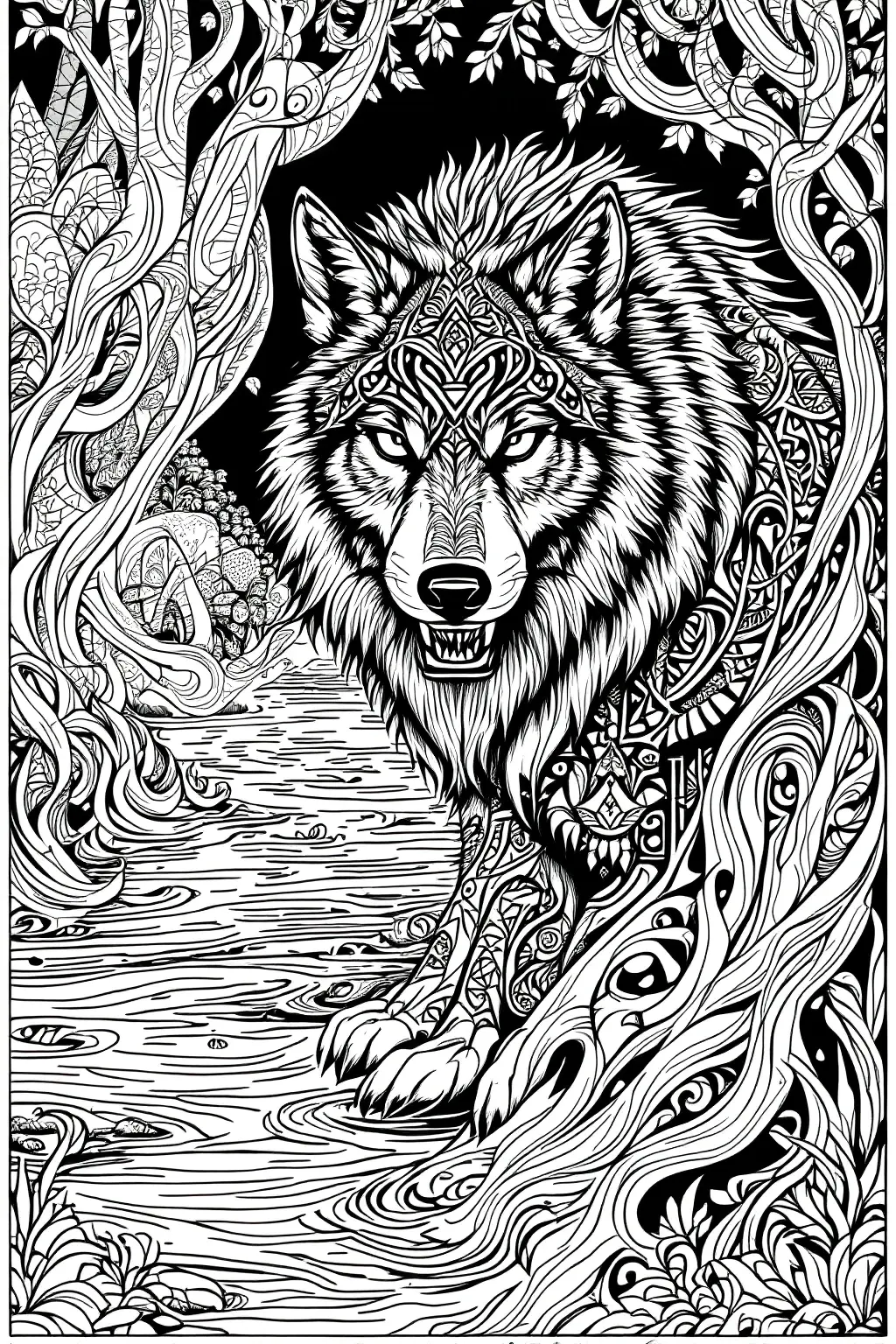 Intricate wolf coloring page in mandala style black and white detailed coloring page design ideal for printable coloring page, kids' coloring page, and coloring sheets featuring an animal motif.