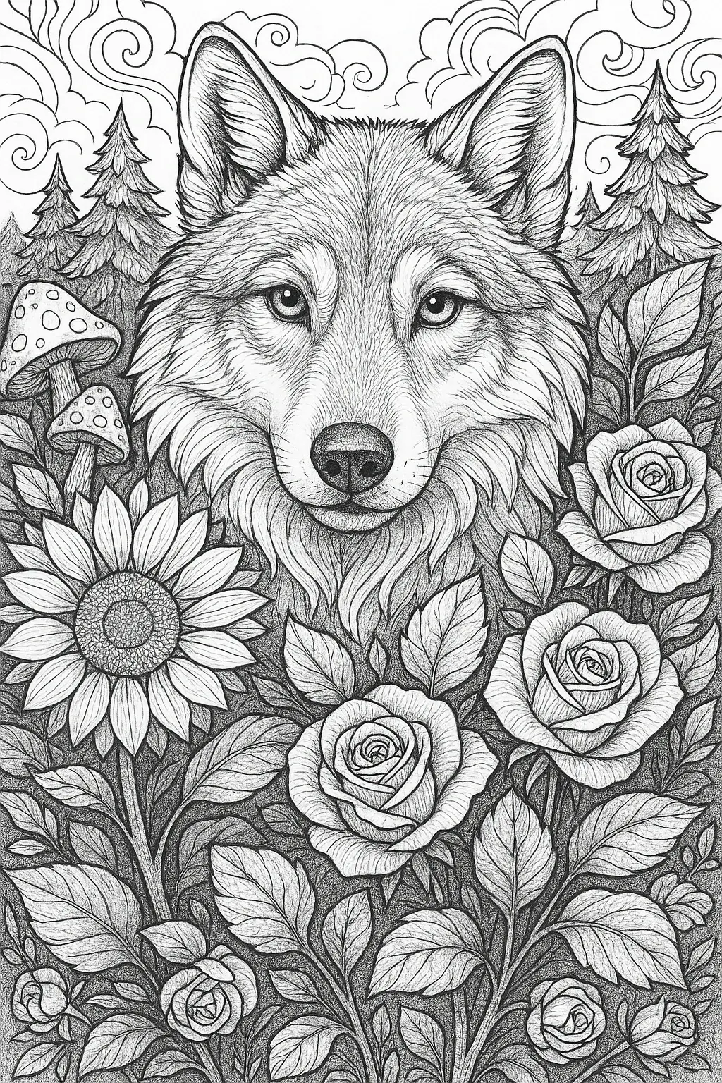 Black and white wolf illustration for coloring: detailed coloring page with floral and forest elements, kids' coloring page and printable coloring page style coloring sheets for adults and children