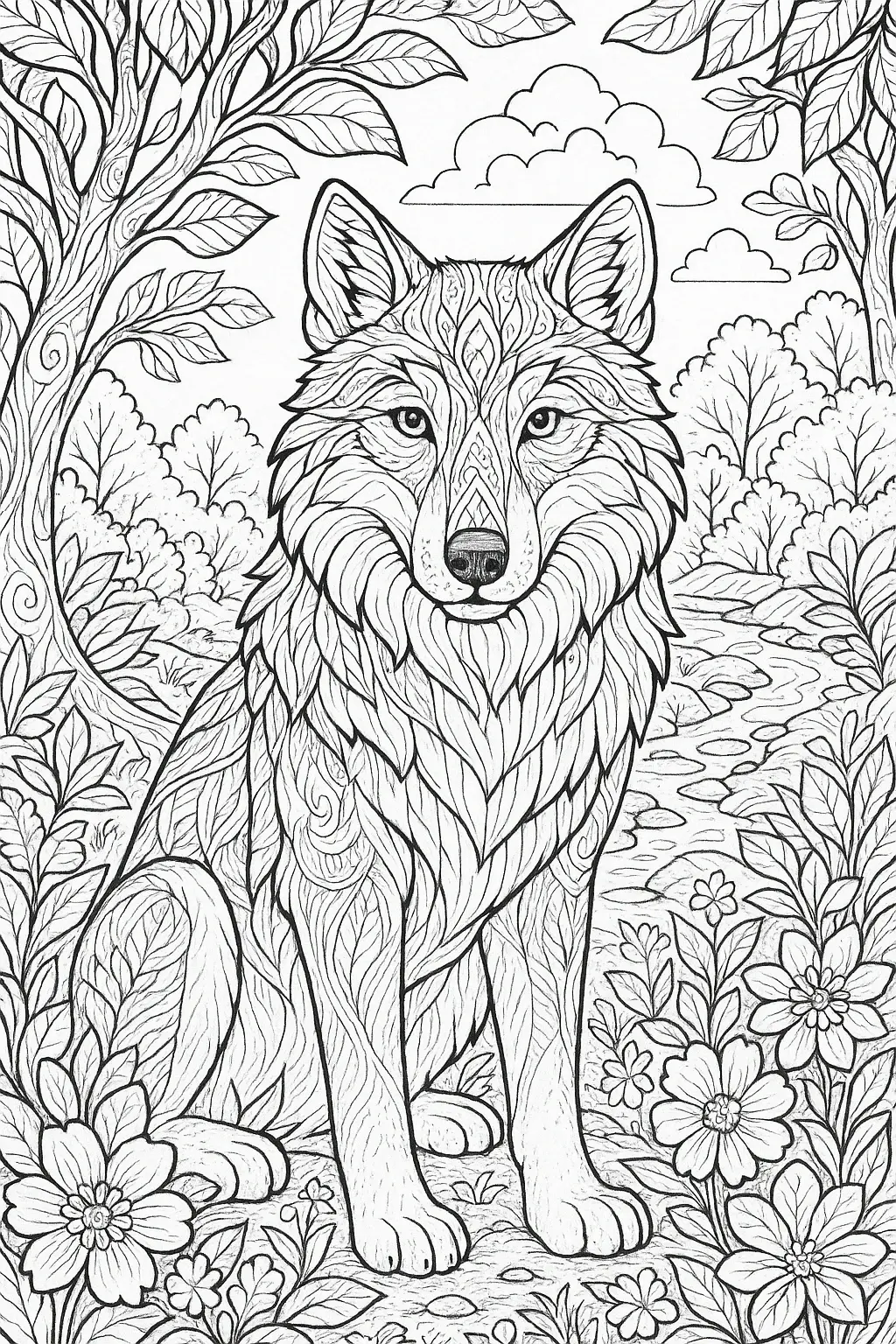 Intricate wolf coloring page in a forest scene with flowers and leaves detailed coloring page ideal for kids' coloring page, printable coloring page and coloring sheets, mandala-style patterns for