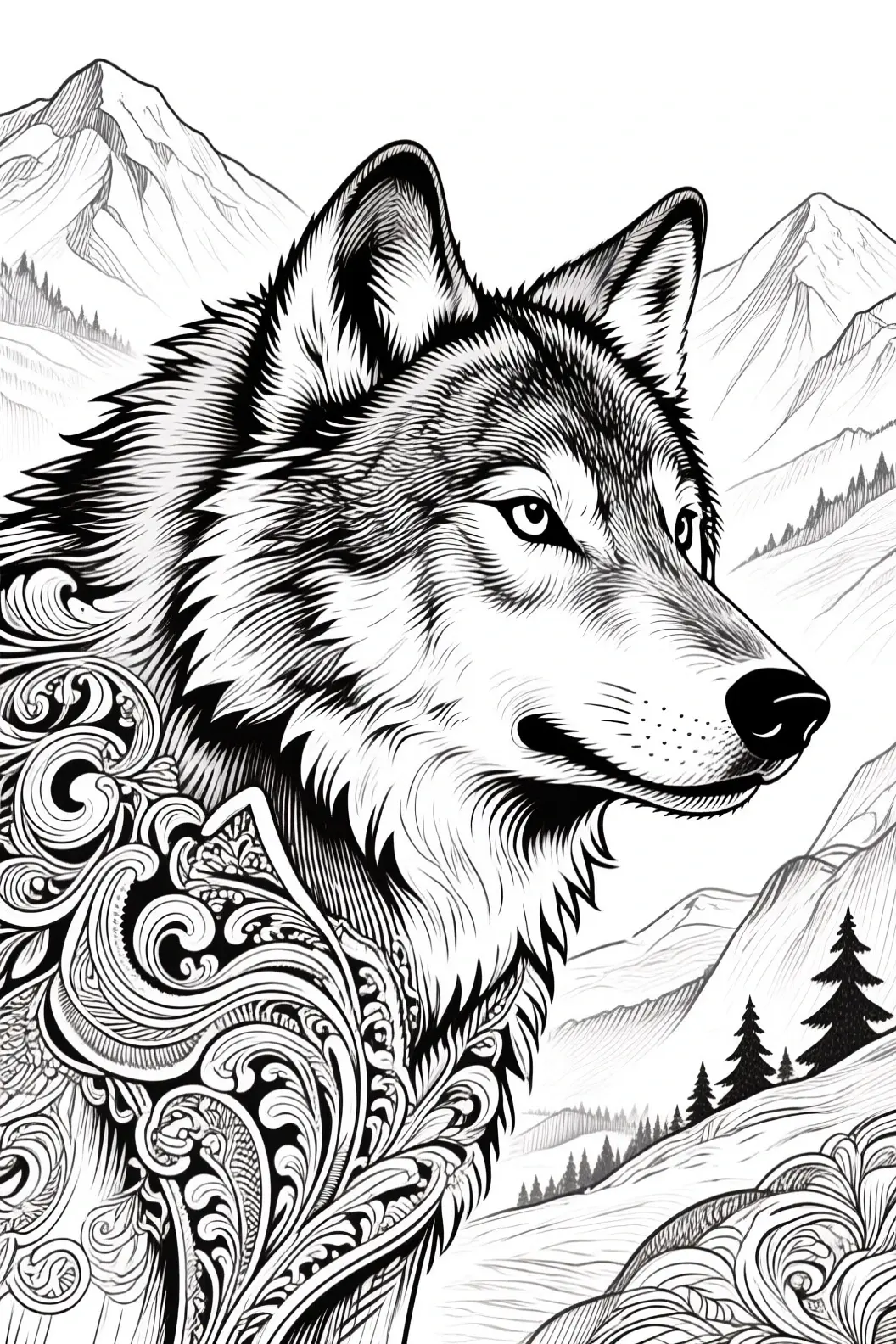 Black and white wolf line art with intricate mandala-style swirls and mountain background detailed coloring page, kids' coloring page, printable coloring page, coloring sheets.