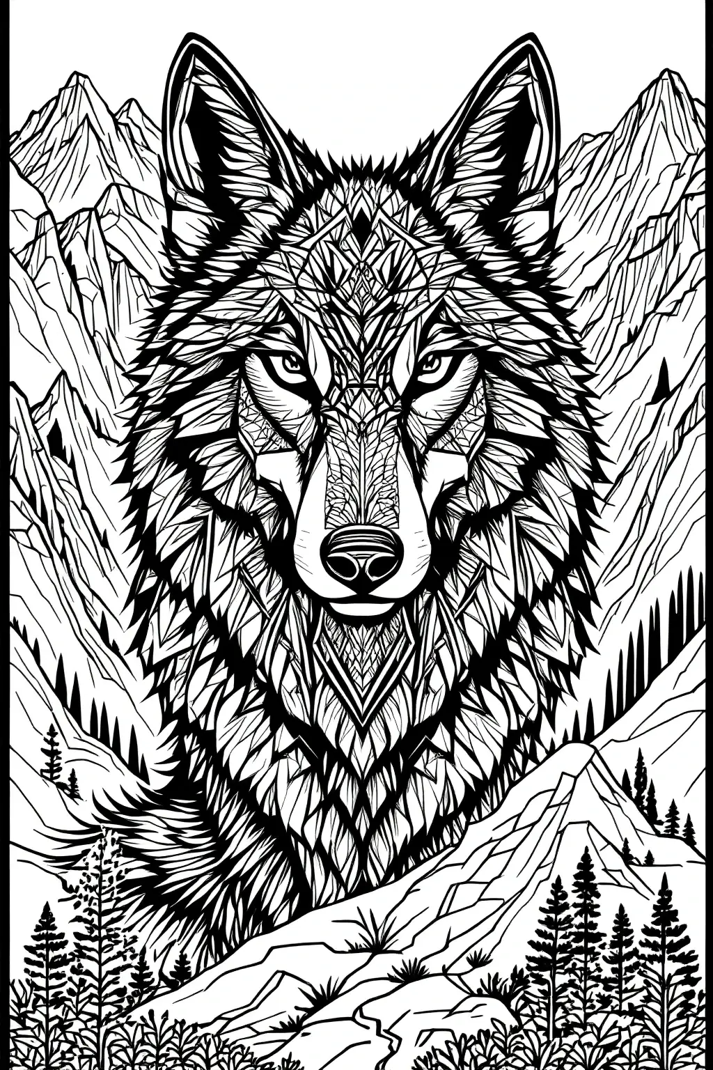 Intricate wolf coloring sheet in black and white with mountain background a detailed coloring page design that works as printable coloring page art, kids' coloring page, and elaborate coloring sheets.