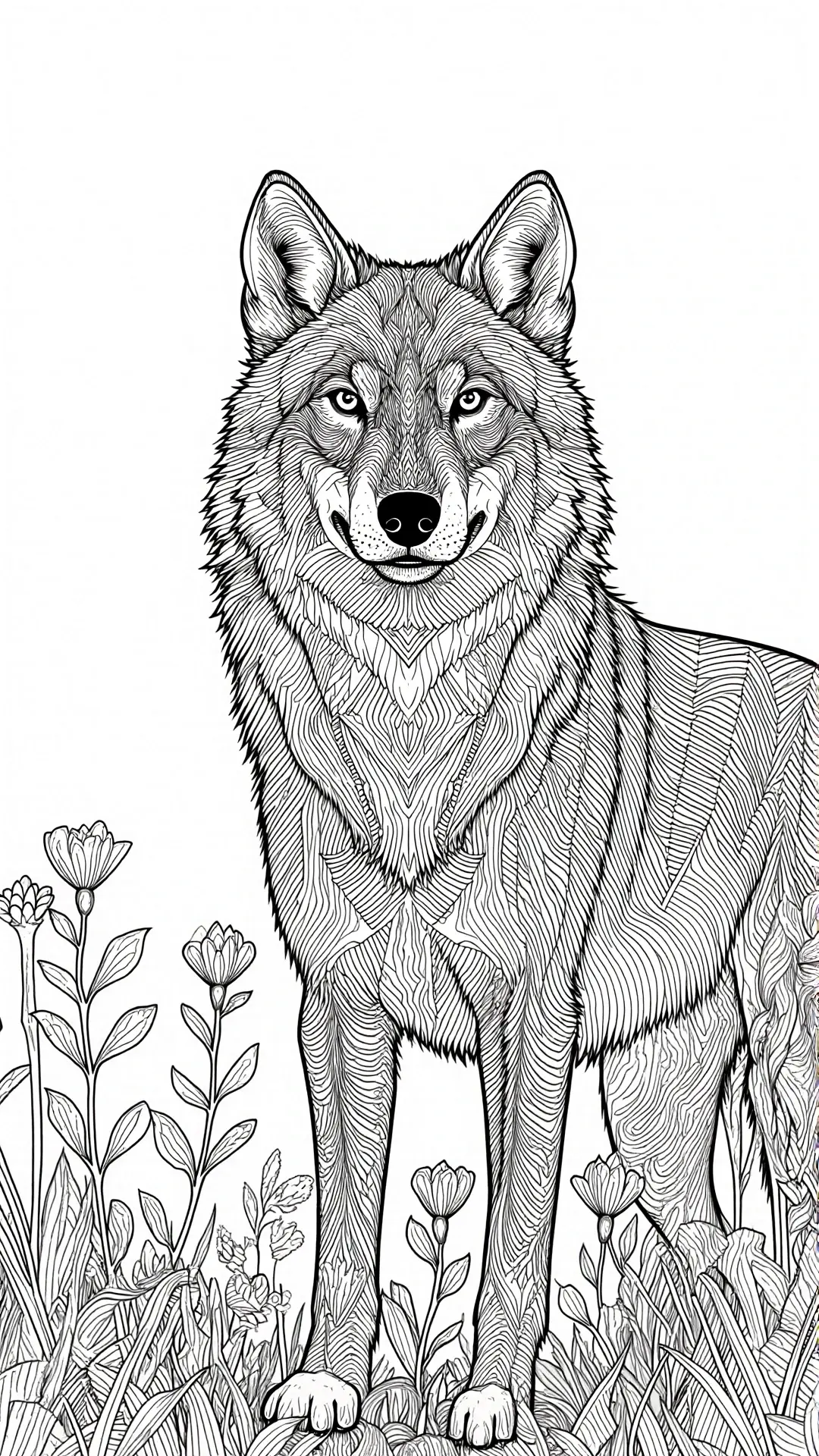 Animal-themed black-and-white line art of a wolf standing among spring flowers; ideal for detailed coloring page, kids' coloring page, printable coloring page collections, and coloring sheets with