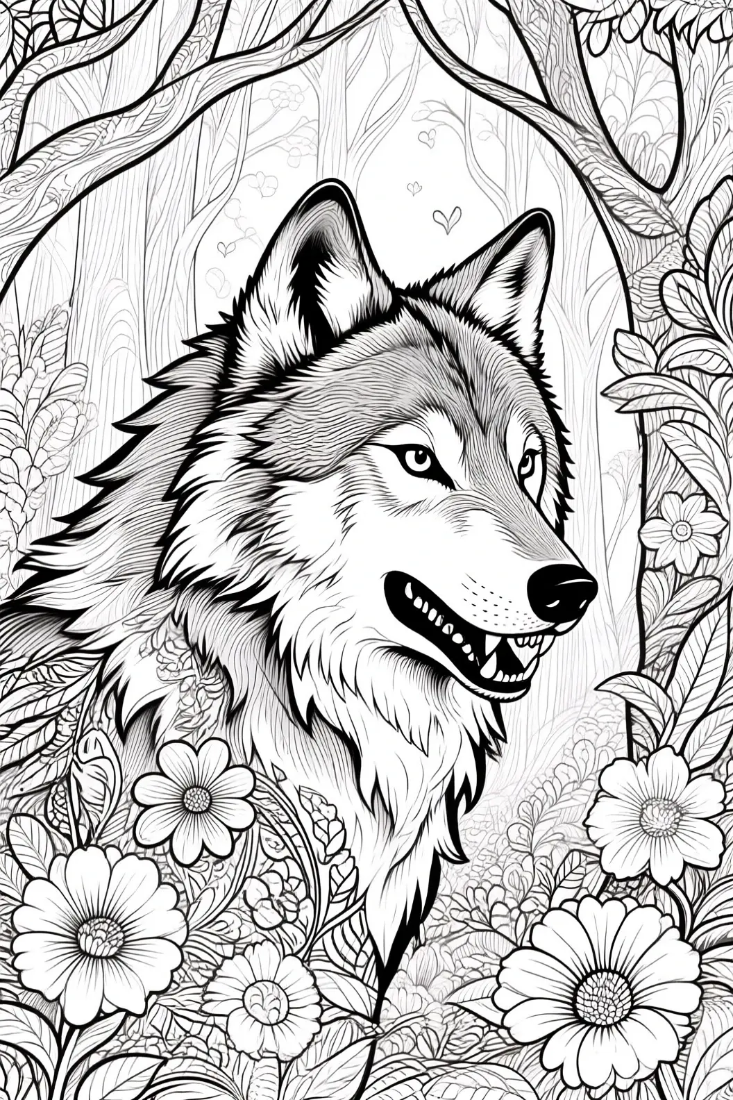 Black-and-white wolf portrait in a floral forest surrounded by detailed coloring page elements, perfect kids' coloring page, printable coloring page and coloring sheets with intricate mandala-style