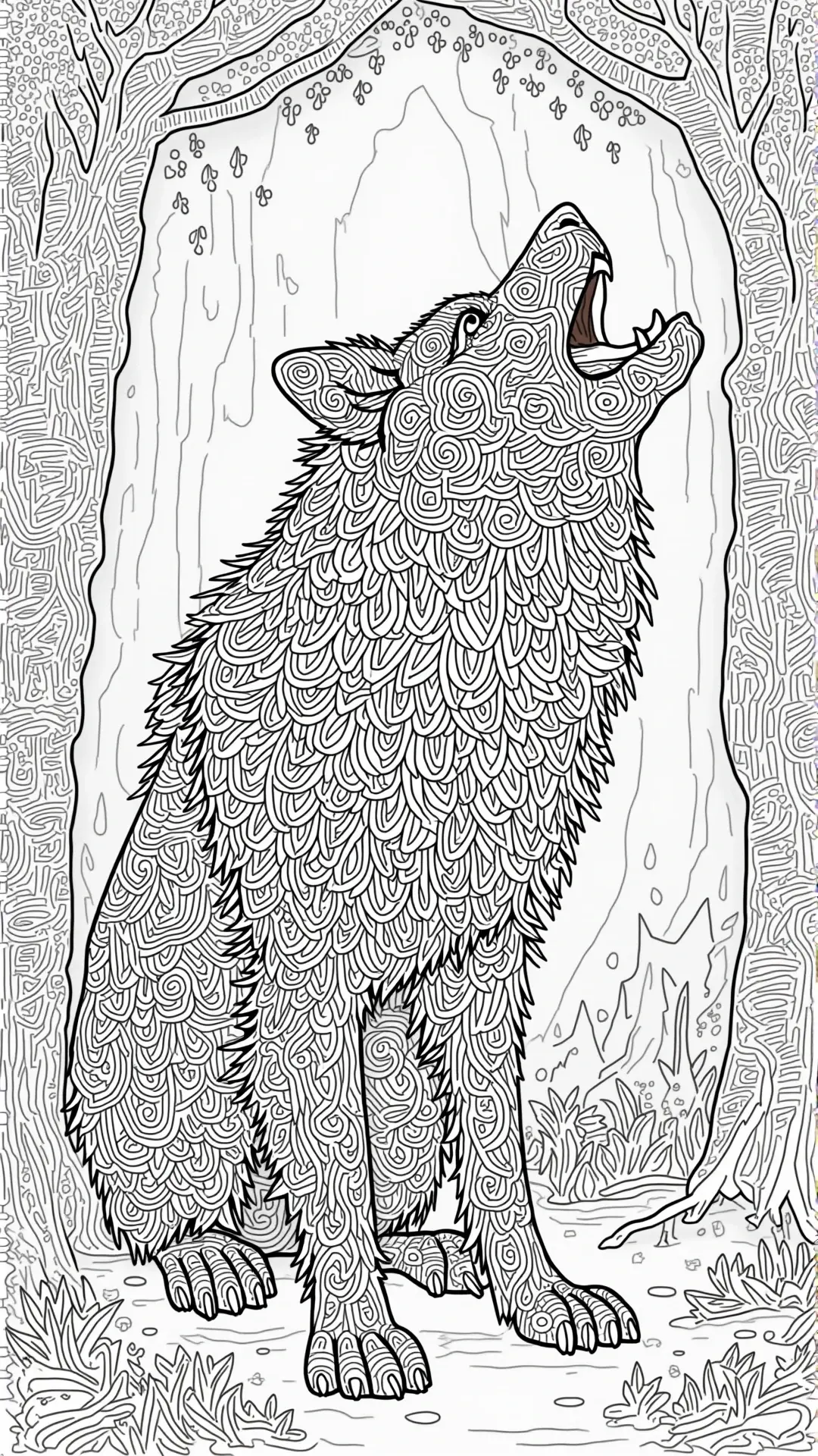 Black-and-white howling wolf line art with mandala-style swirls a detailed coloring page design suitable for kids' coloring page, printable coloring page, and individual coloring sheets; animal-themed