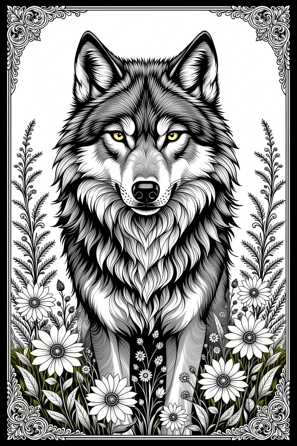 Black and white coloring page of highly detailed black-and-white illustration of a wolf with yellow eyes surrounded by daisies and leaves, ornate mandala-inspired border animal and spring theme