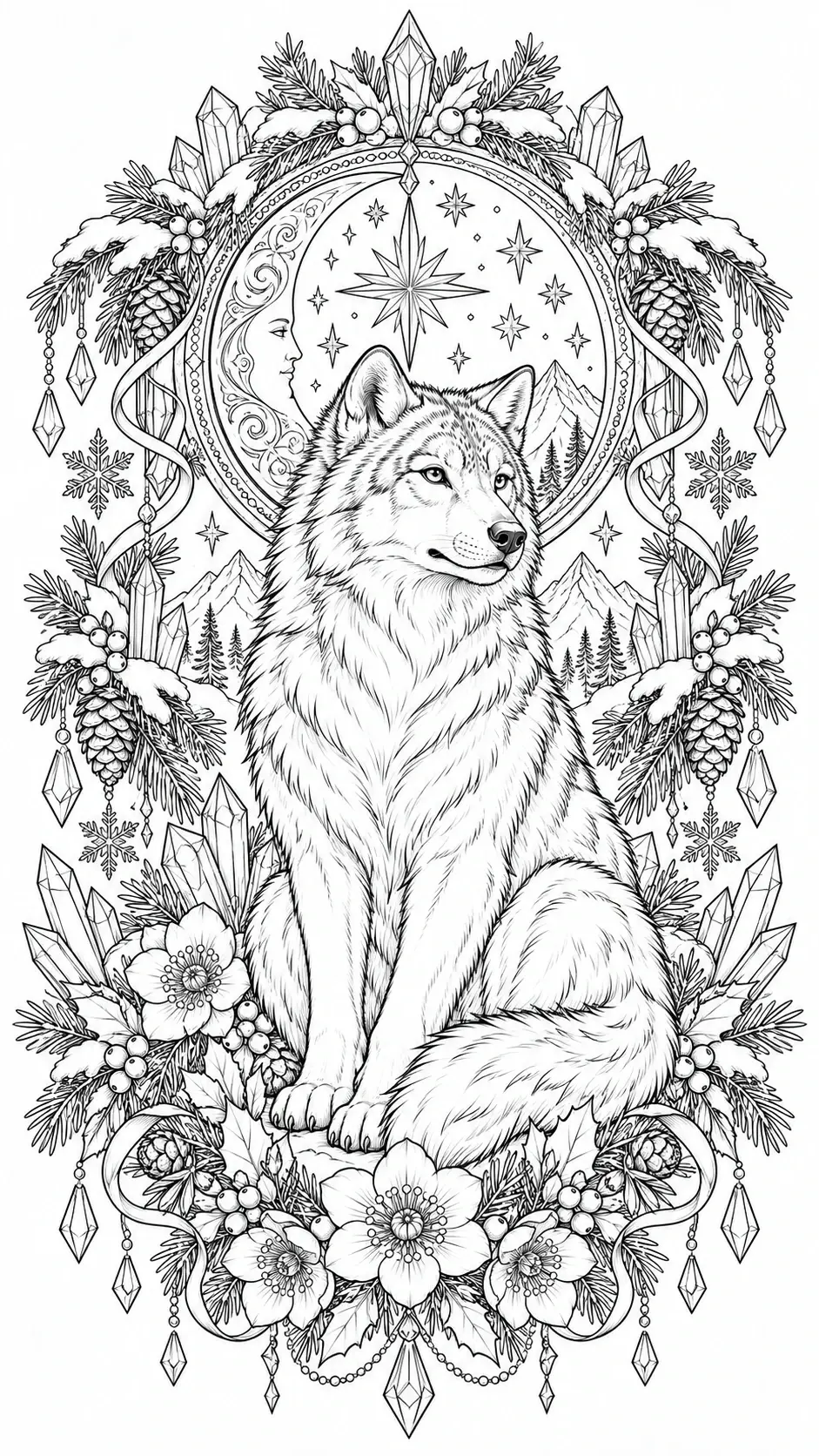 A black-and-white wolf coloring page showing a sitting wolf inside an ornate winter crest with moon, stars, mountains, crystals, and flowers.