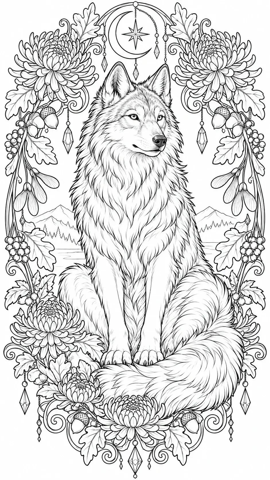 A wolf coloring page with a crescent moon, stars, and an ornate floral autumn frame in black-and-white.