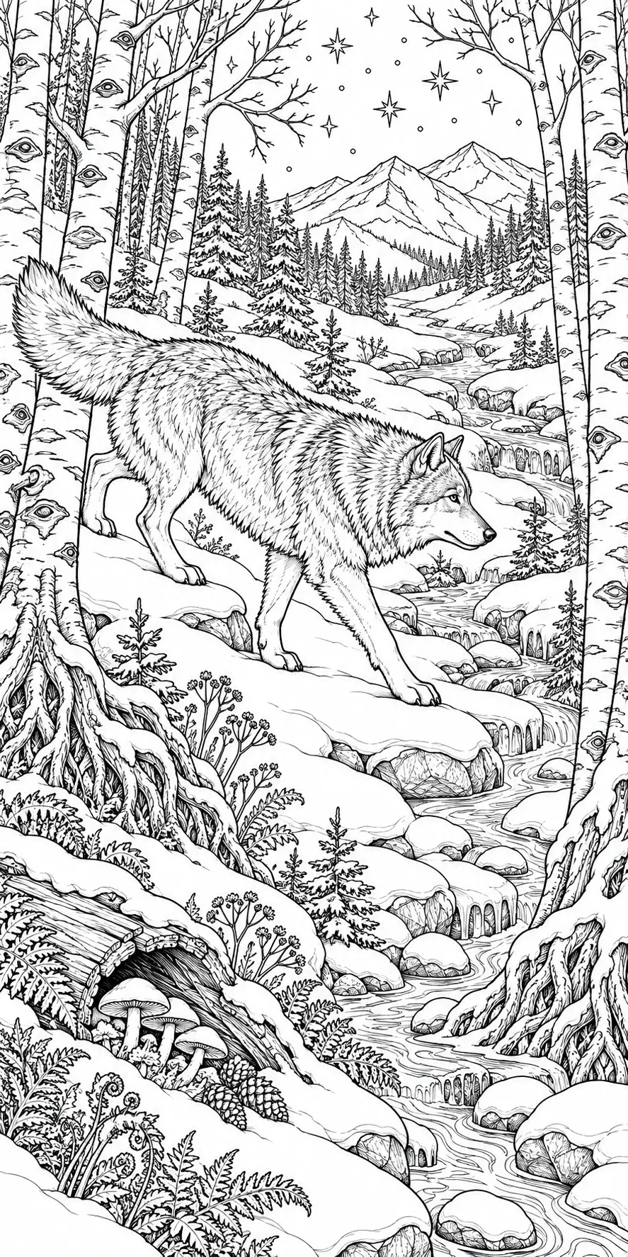 A detailed black-and-white coloring page shows a wolf crossing snow-covered rocks beside a winding forest stream.