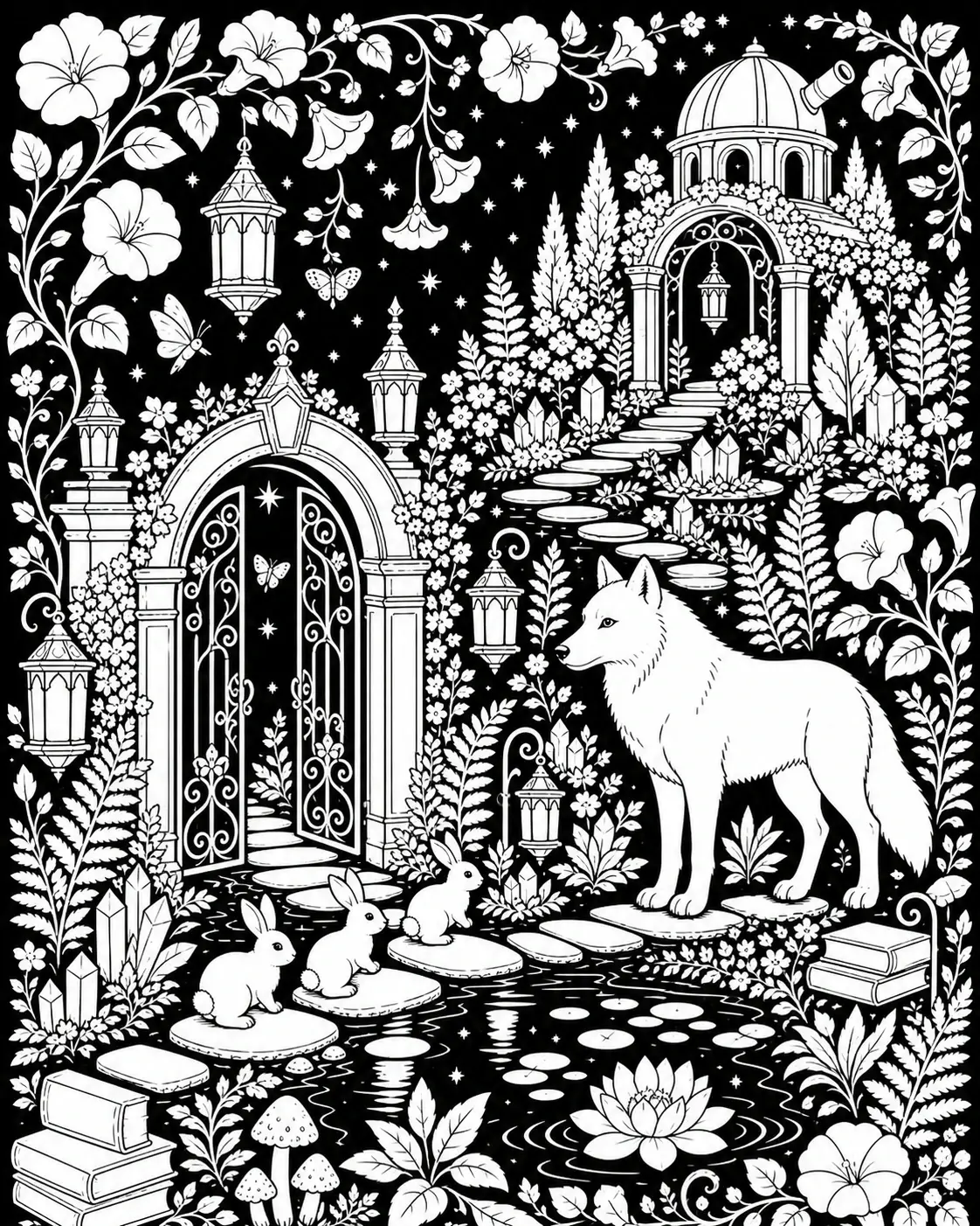 A wolf stands in an ornate garden coloring page with rabbits, lanterns, arches, flowers, and a pond.