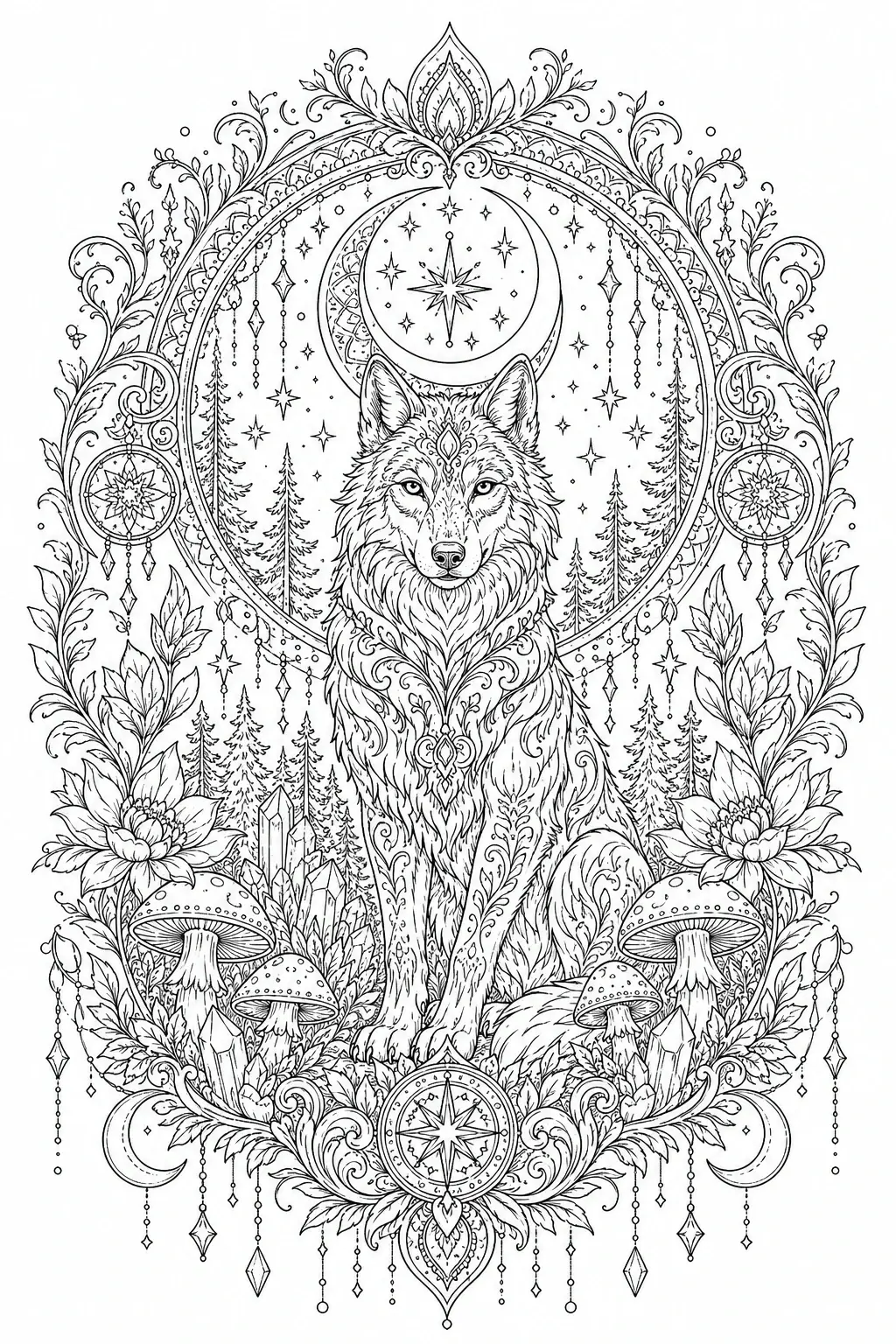 Intricate coloring page of a wolf standing in a decorative circular frame with a moon, stars, flowers, mushrooms, and forest elements.