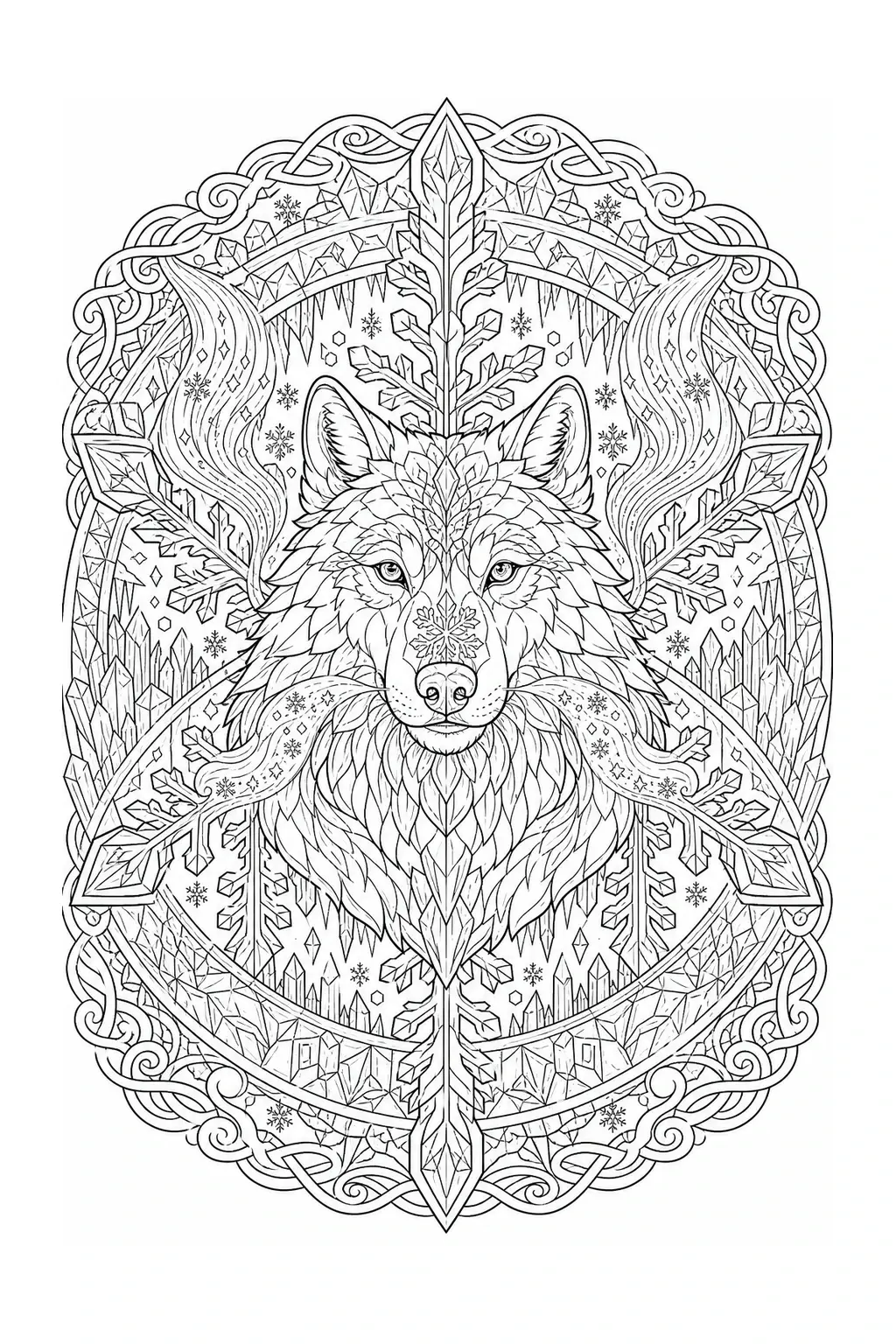 Intricate wolf mandala coloring page with snowflakes, crystals, and geometric winter details.