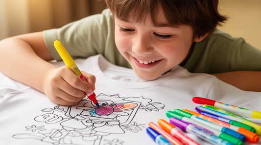 Child drawing on a white t-shirt with colorful fabric markers